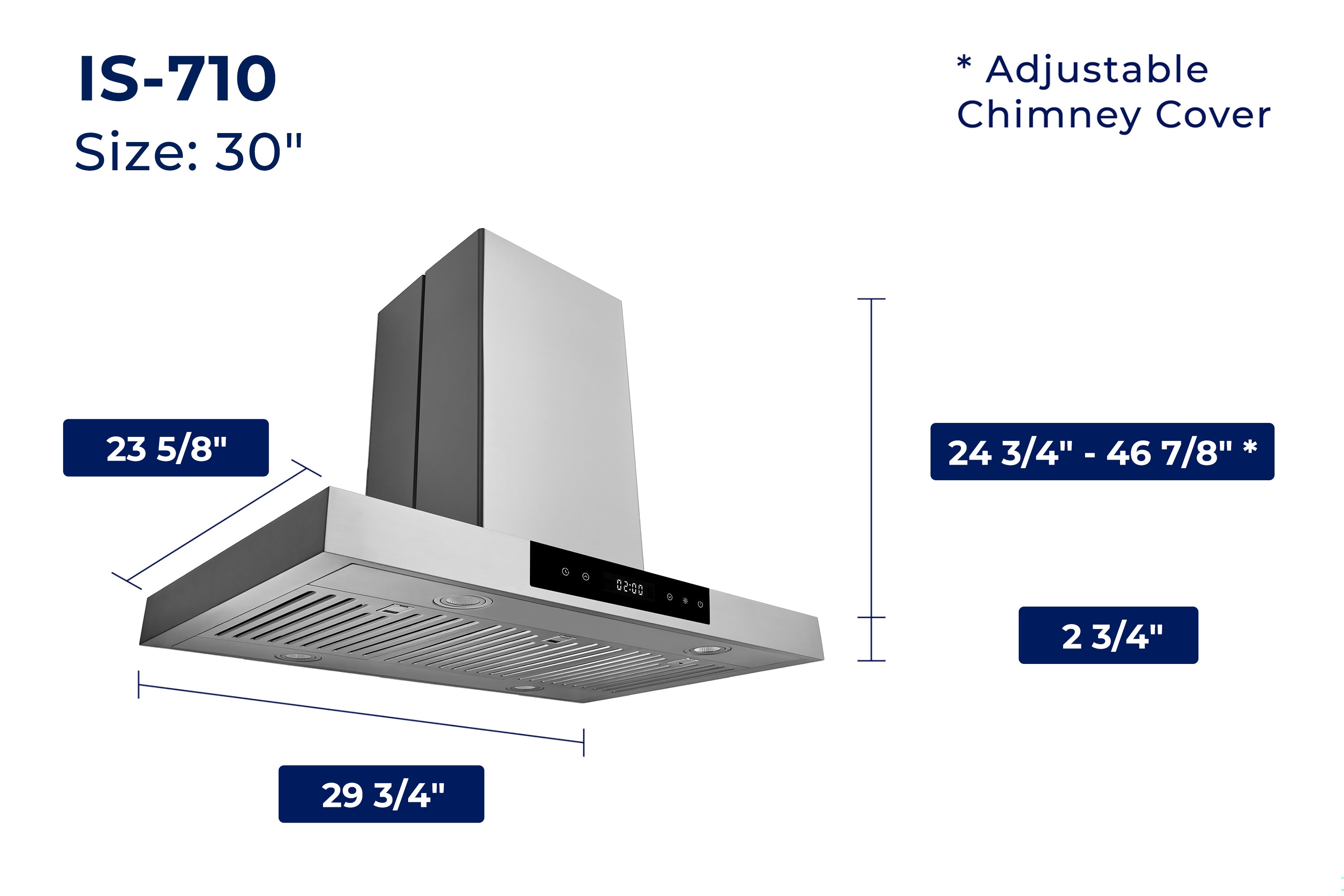 Island range hood size diagram with adjustable chimney cover dimensions