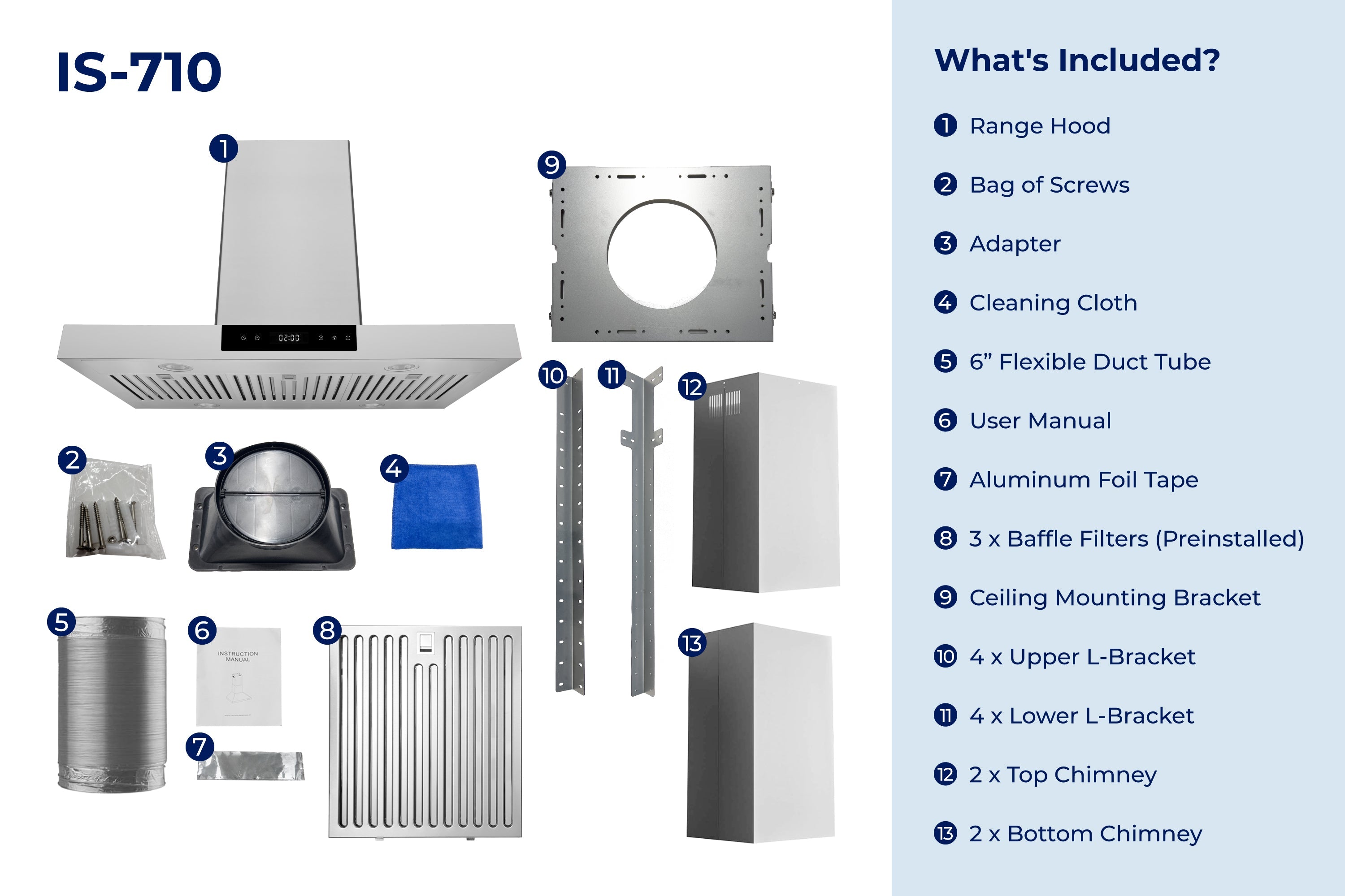 Island range hood parts diagram showing included components and mounting pieces