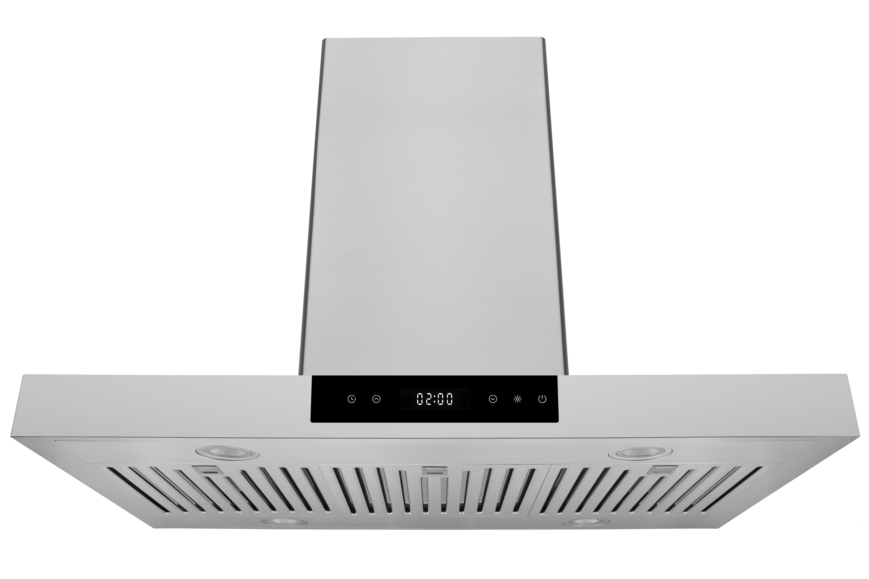 Stainless steel island range hood underside with vent slots and black display