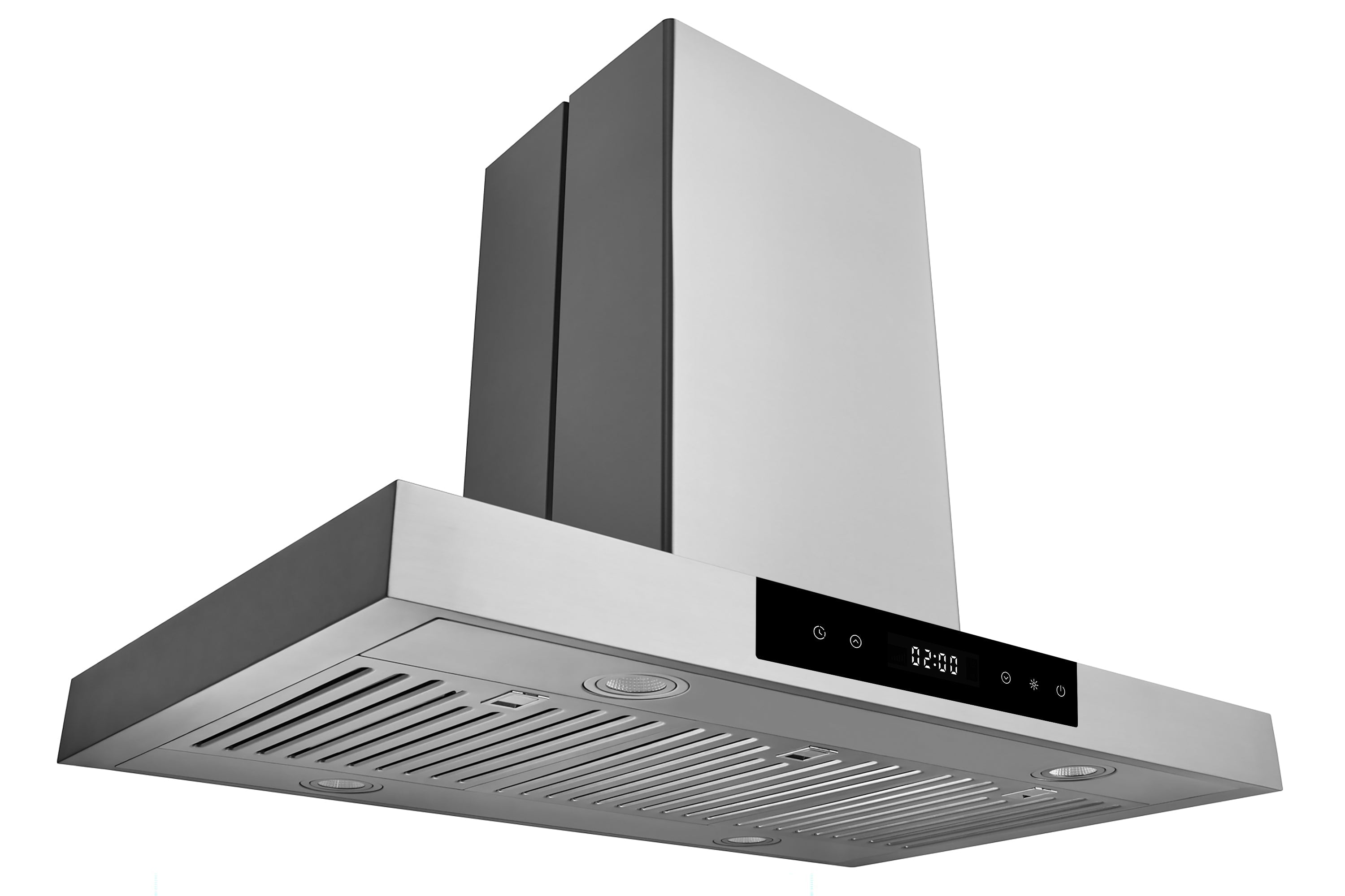 Stainless steel island range hood with chimney and black control panel