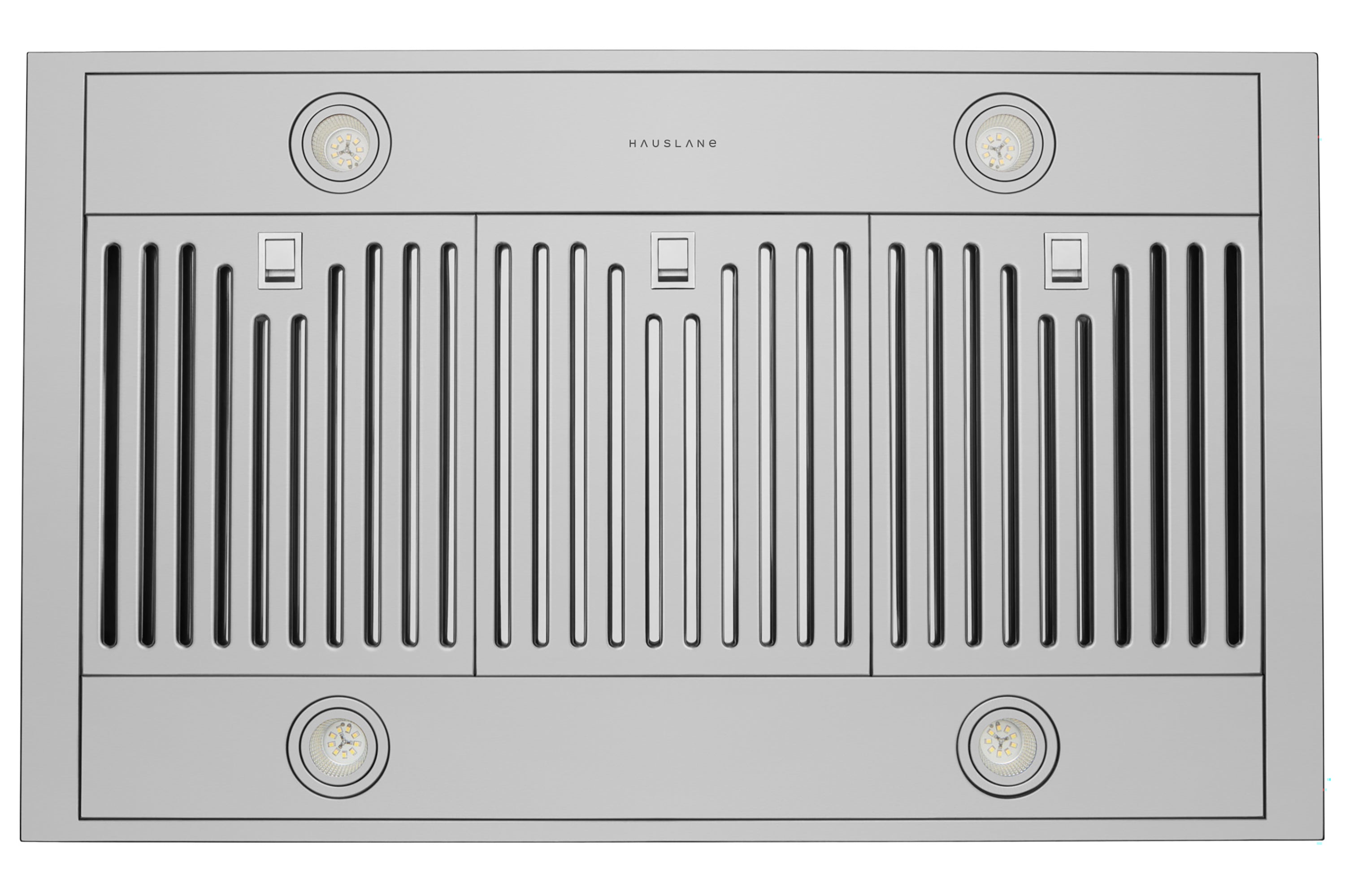 Stainless steel vented hood filter panel with intake slats and round accents