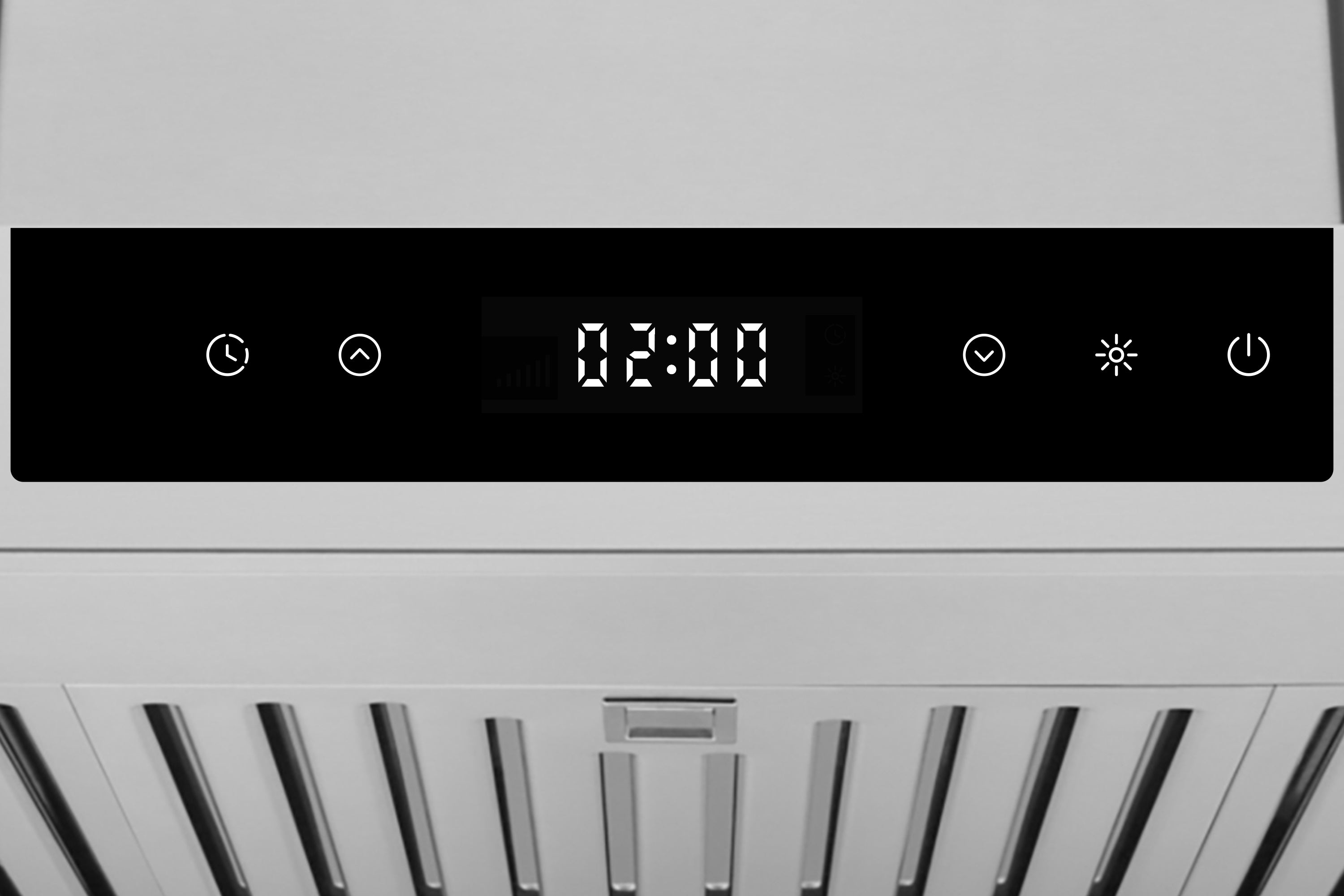 Stainless steel range hood control panel with digital timer and touch buttons