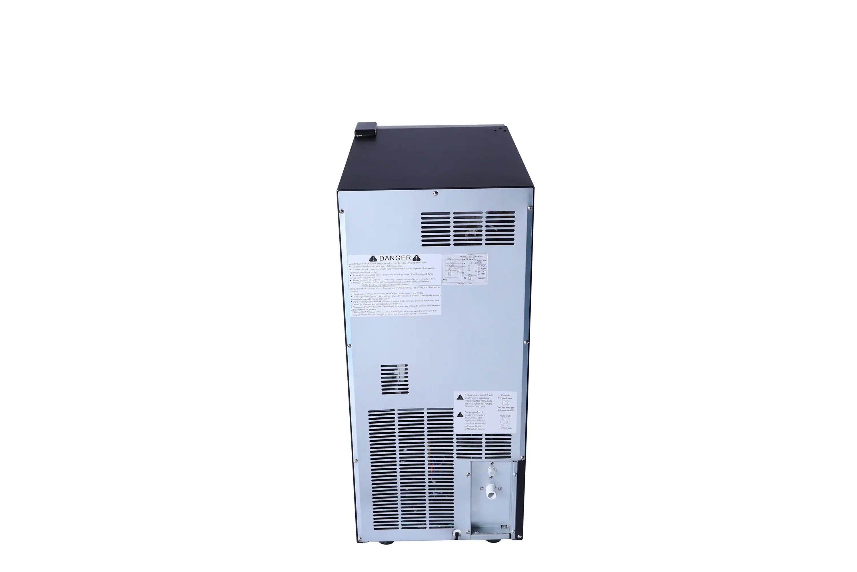 Stainless steel ice maker back panel with vents, label areas, and lower access ports