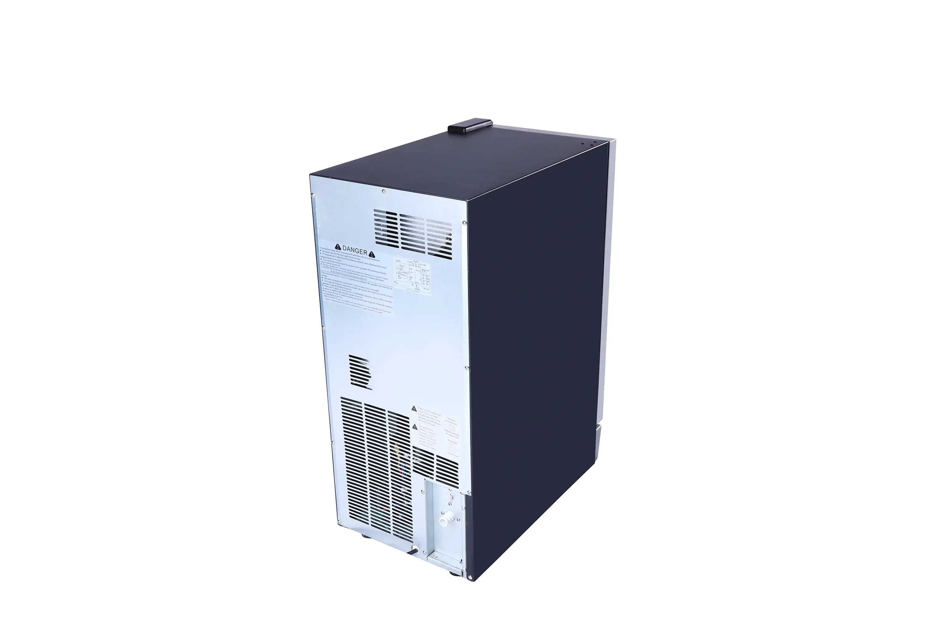 Stainless steel ice maker cabinet with rear vents and side access handle