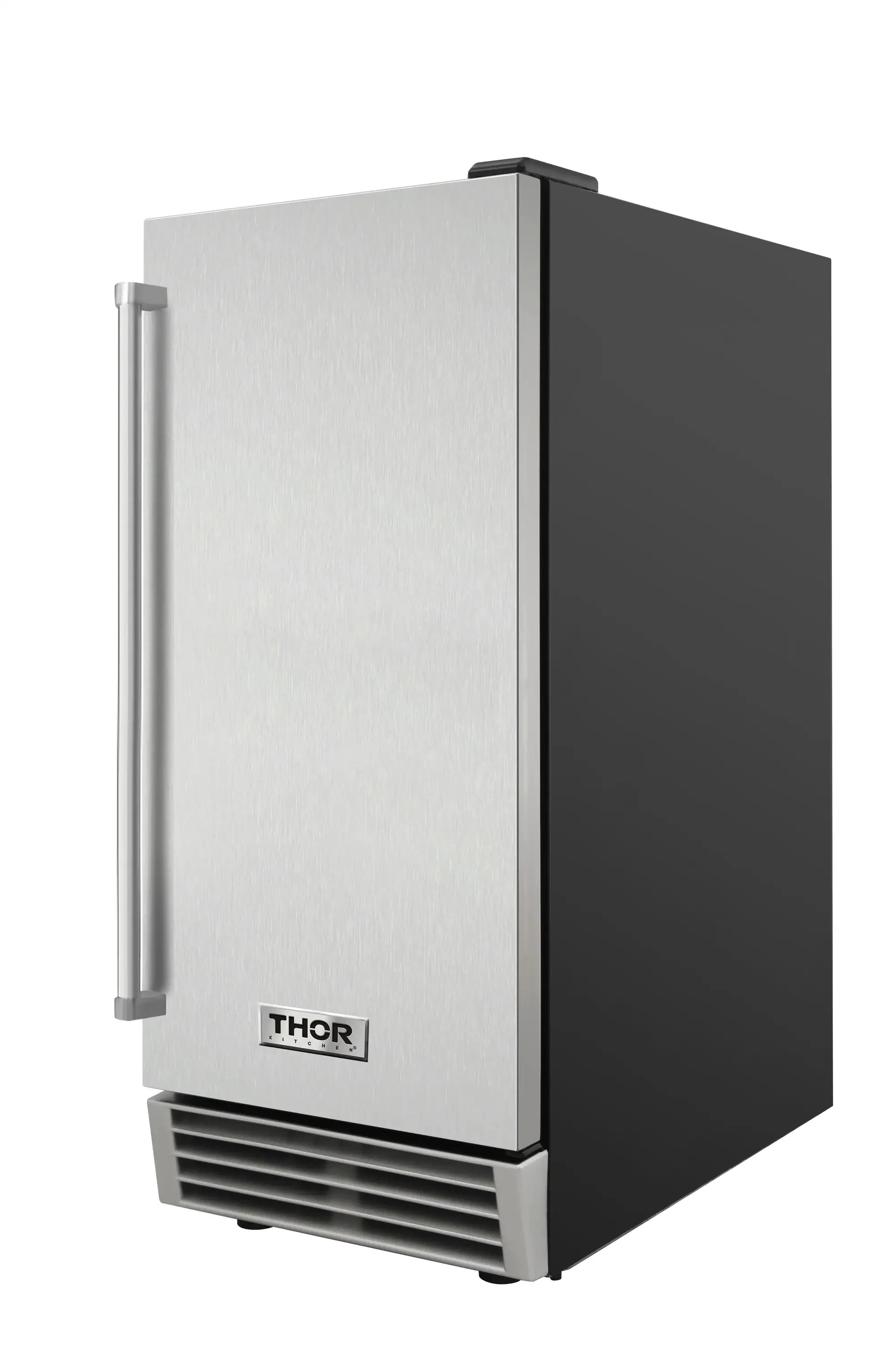 Stainless steel built-in ice maker with top cover, side handle, and front ventilation vents