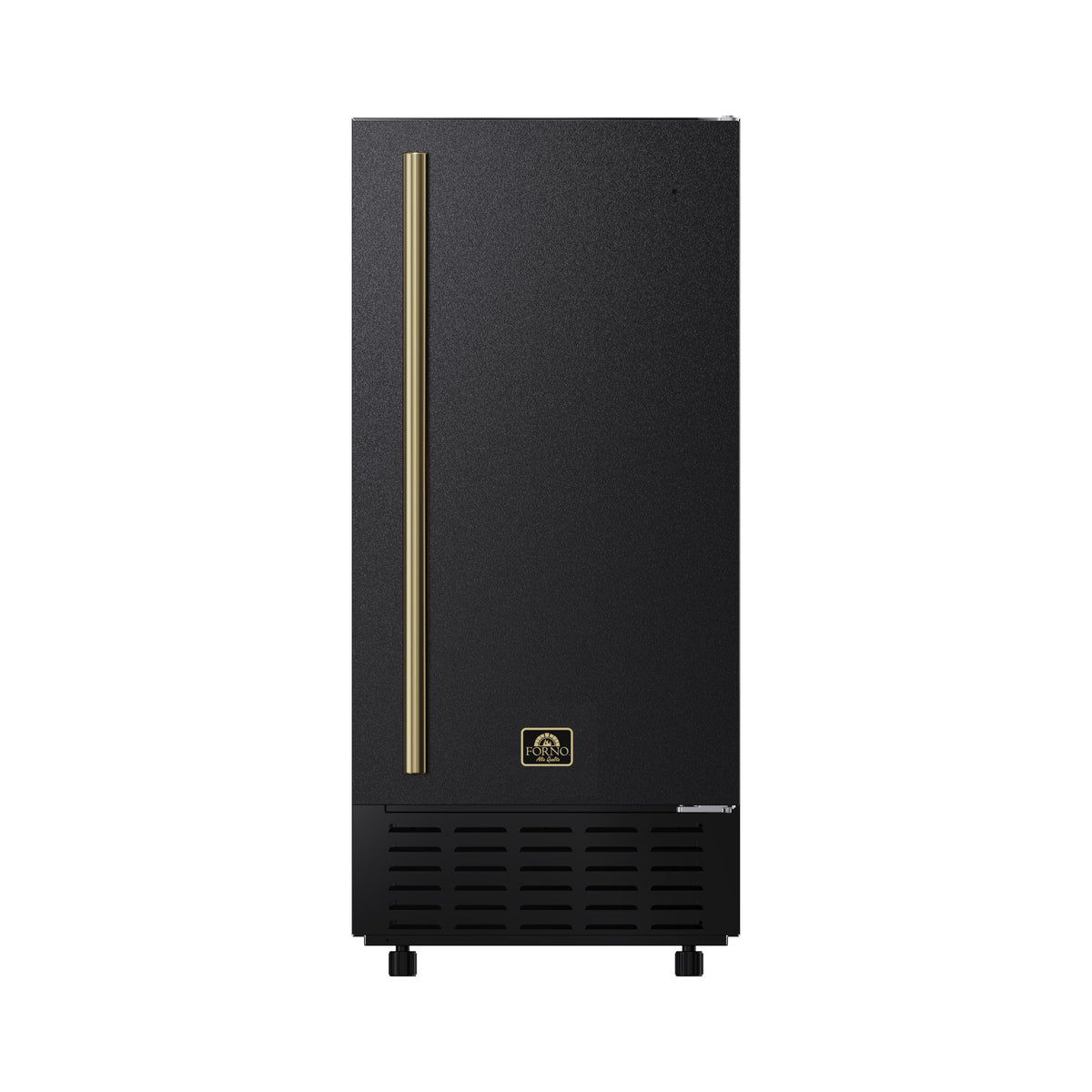 Forno Cristallo 15-inch black nugget ice maker, front view with antique brass handle