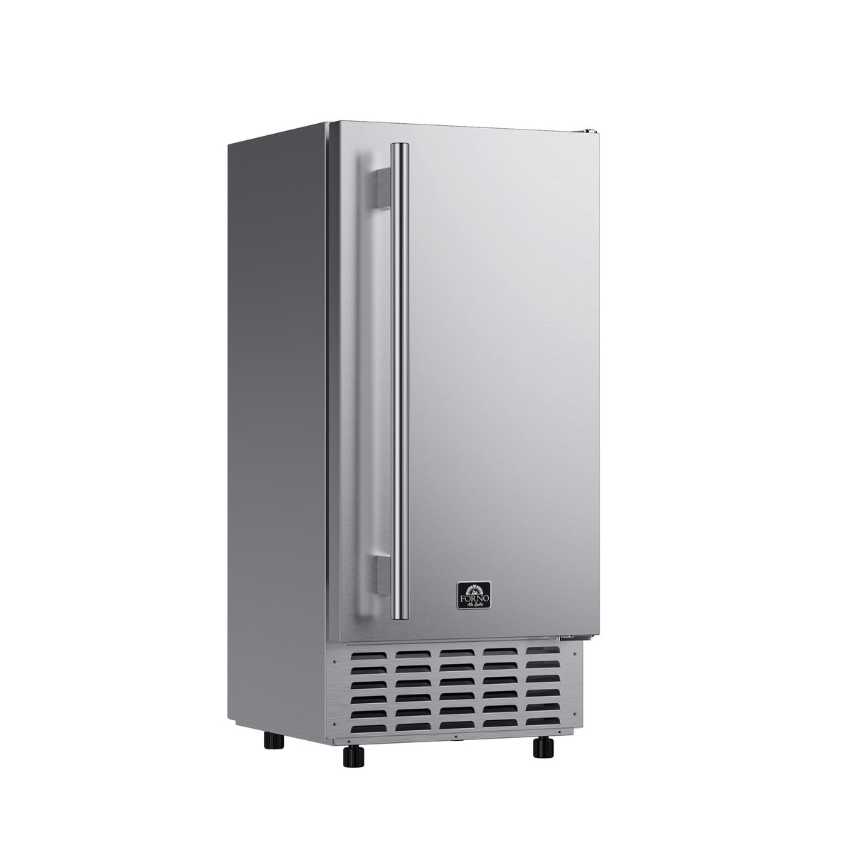 Stainless steel 15-inch undercounter ice maker viewed from the left angle
