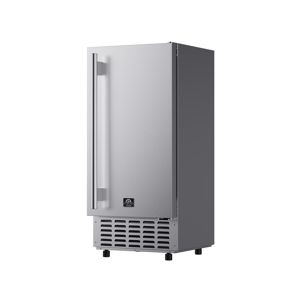 Stainless steel 15-inch undercounter ice maker viewed from the right angle