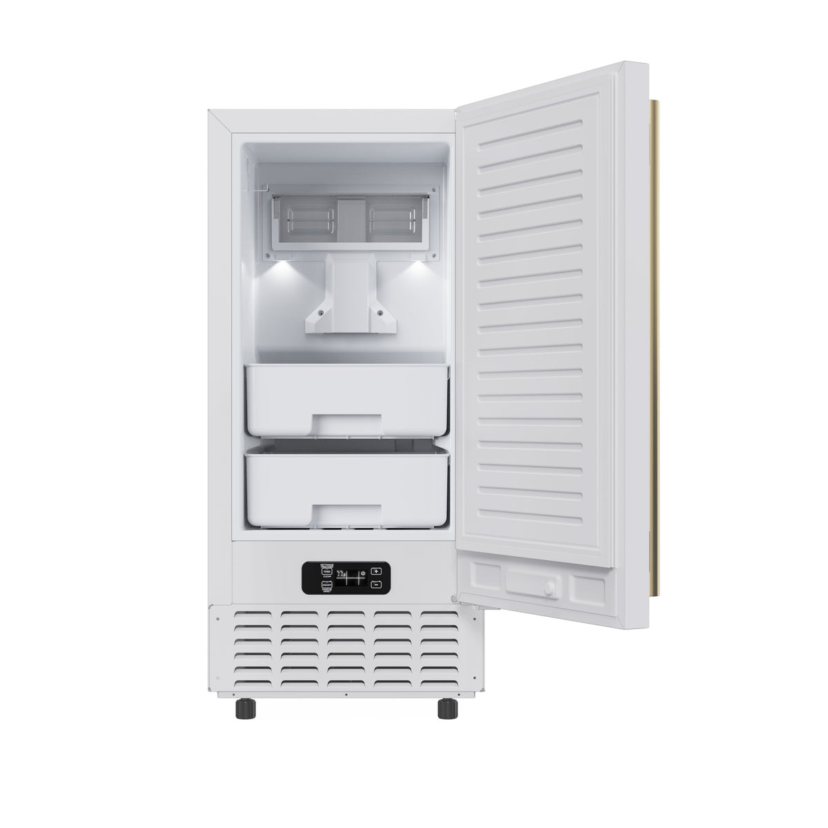 White nugget ice maker with door open showing ice storage drawers