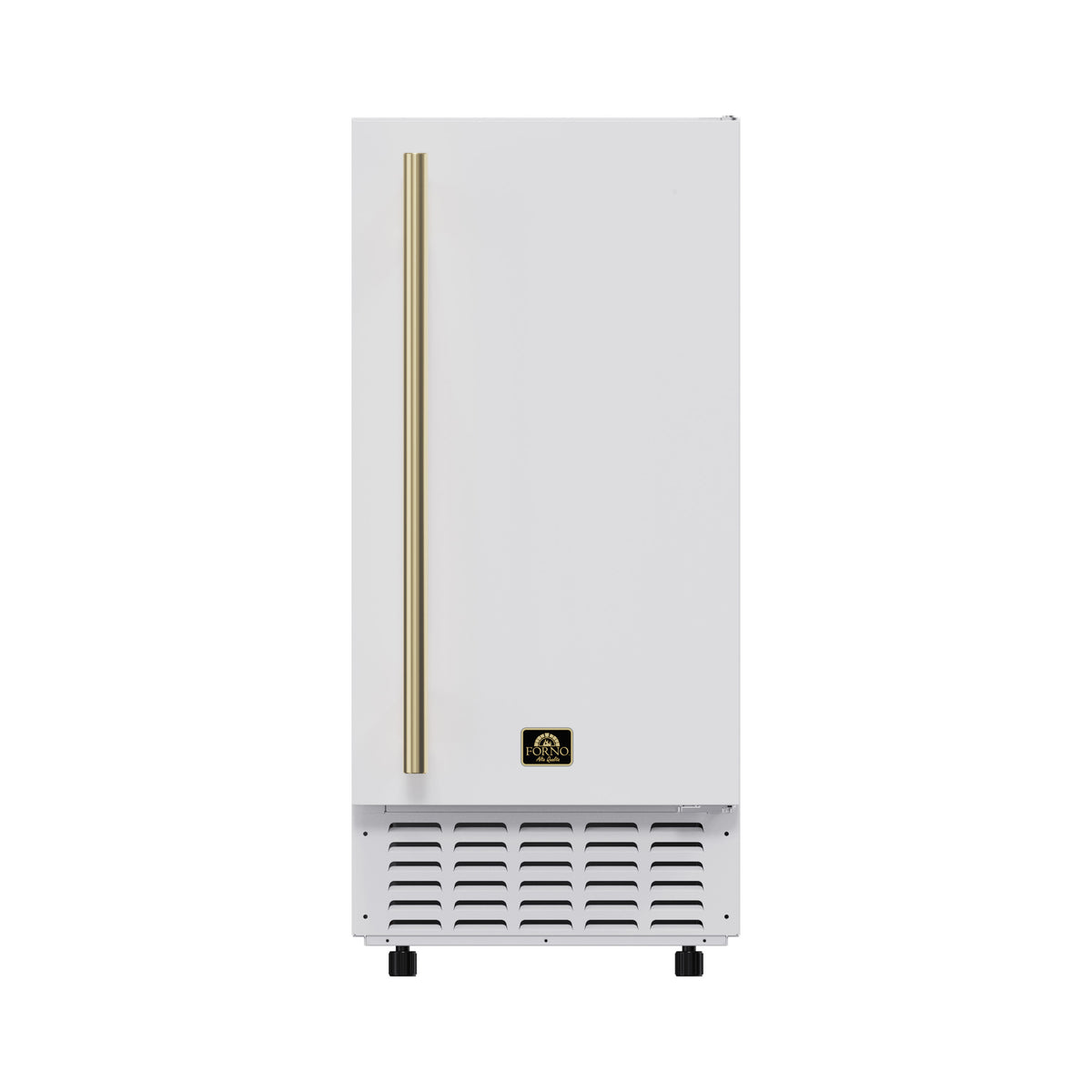 Forno Cristallo 15-inch white nugget ice maker, front view with antique brass handle