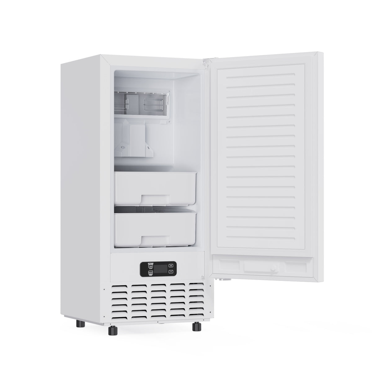White ice maker at a left angle with the door open