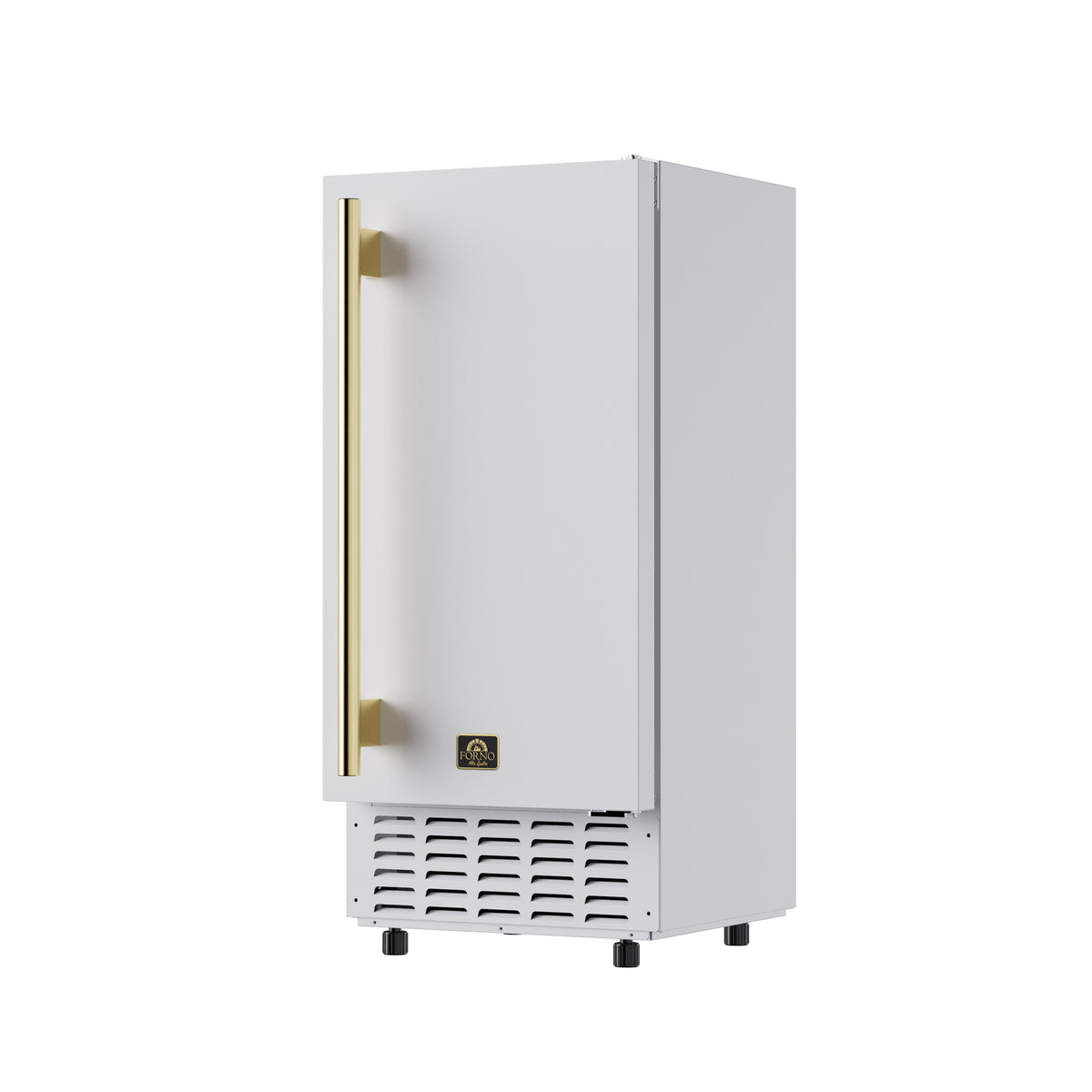 White 15-inch undercounter ice maker viewed from the right angle