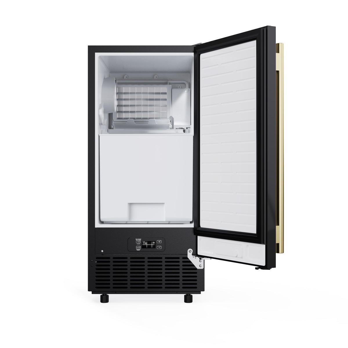 Black cubed ice maker with door open showing the ice bin