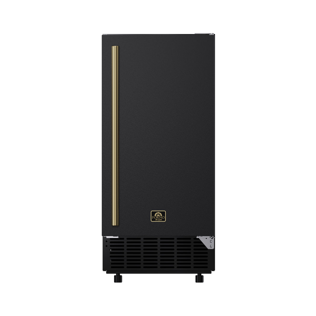 Forno Cristallo 15-inch black cubed ice maker, front view with antique brass handle