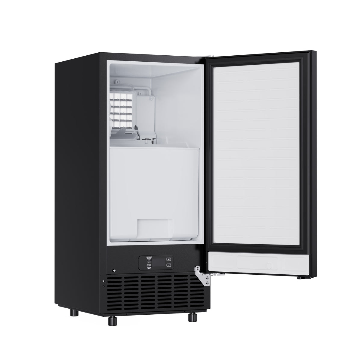 Black cubed ice maker at a left angle with the door open