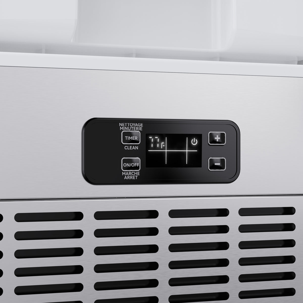 Electronic control panel with LED digital display on the stainless steel cubed ice maker
