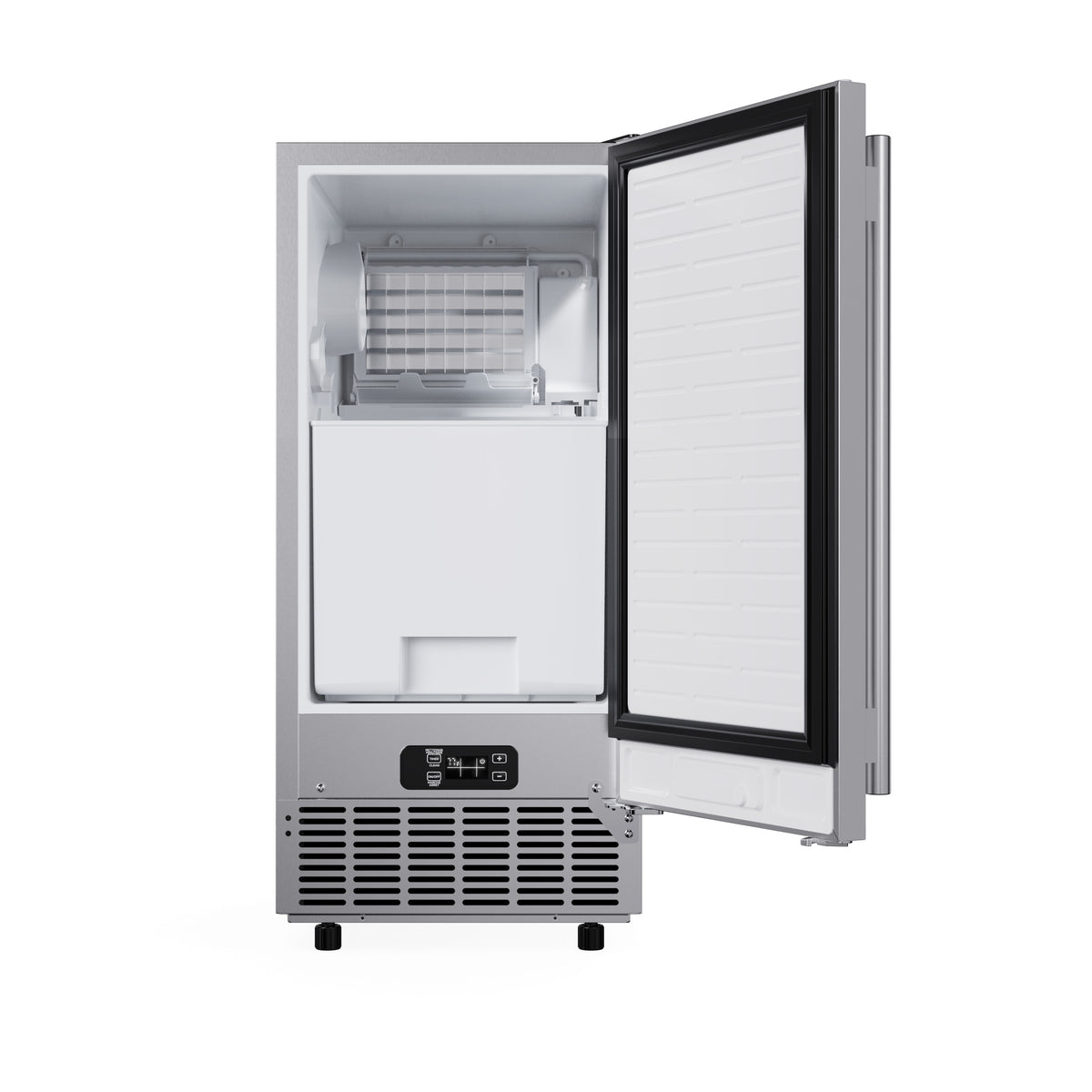 Stainless steel cubed ice maker with door open showing the ice bin