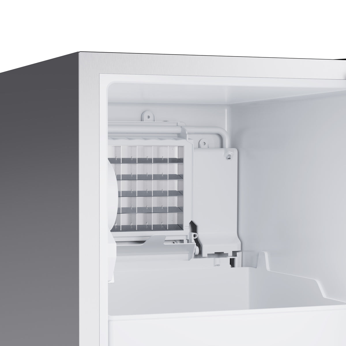 Interior of the stainless steel cubed ice maker