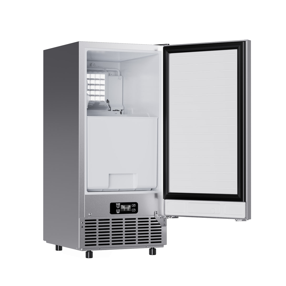 Stainless steel cubed ice maker at a left angle with the door open