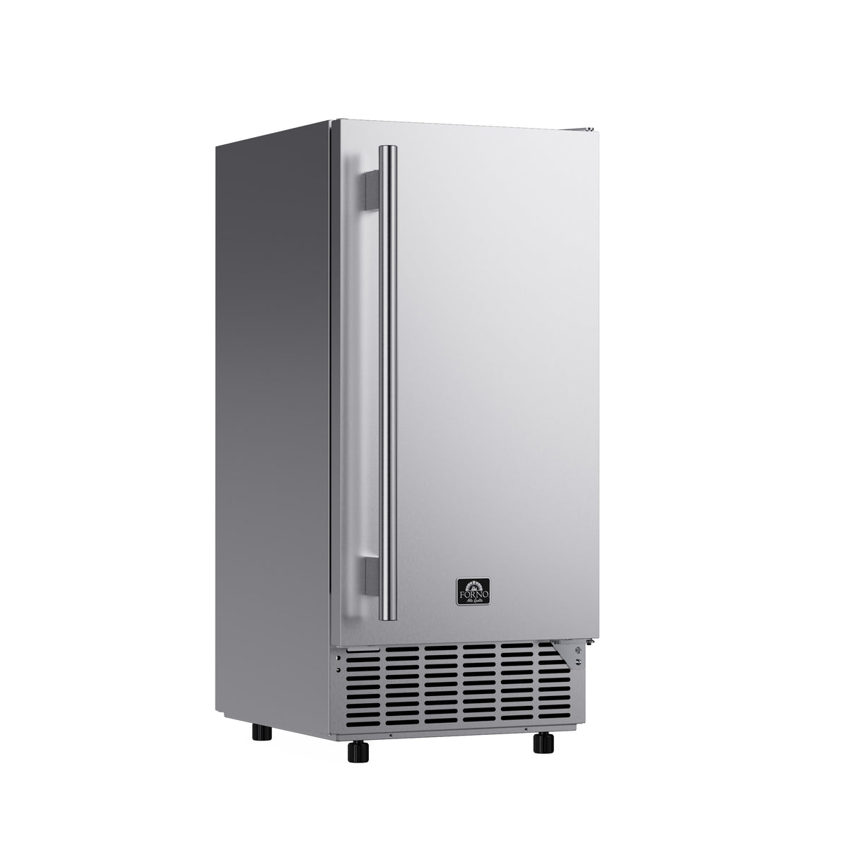 Stainless steel 15-inch undercounter cubed ice maker viewed from the left angle