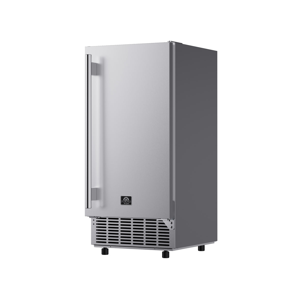 Stainless steel 15-inch undercounter cubed ice maker viewed from the right angle