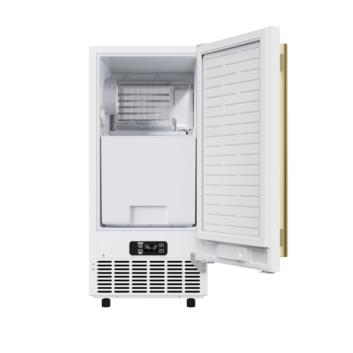 White cubed ice maker with door open showing the ice bin