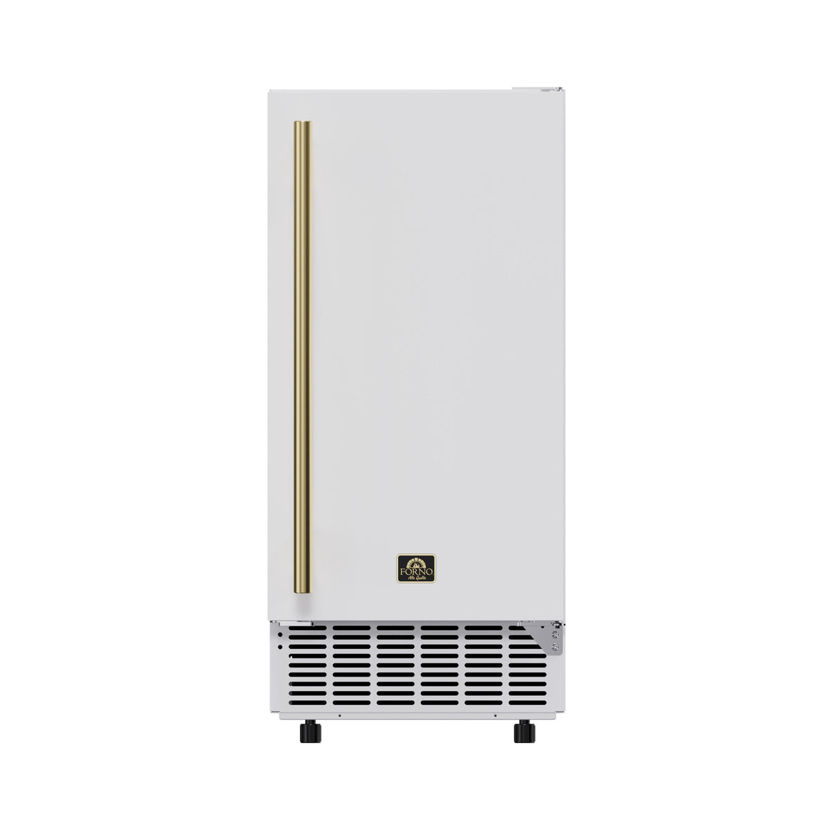 Forno Cristallo 15-inch white cubed ice maker, front view with antique brass handle