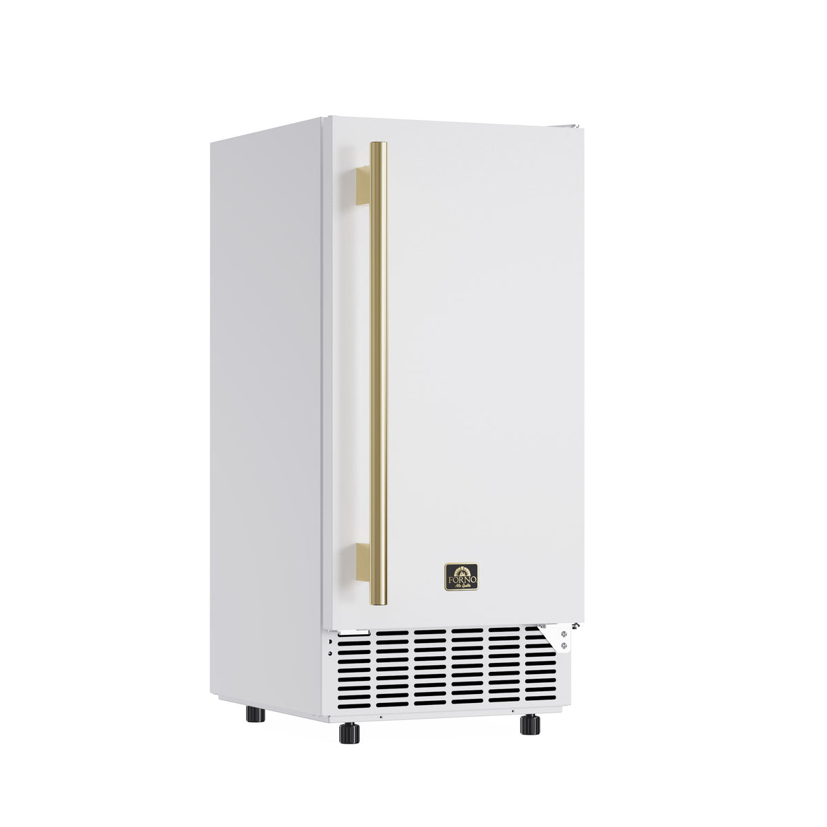 White 15-inch undercounter cubed ice maker viewed from the left angle