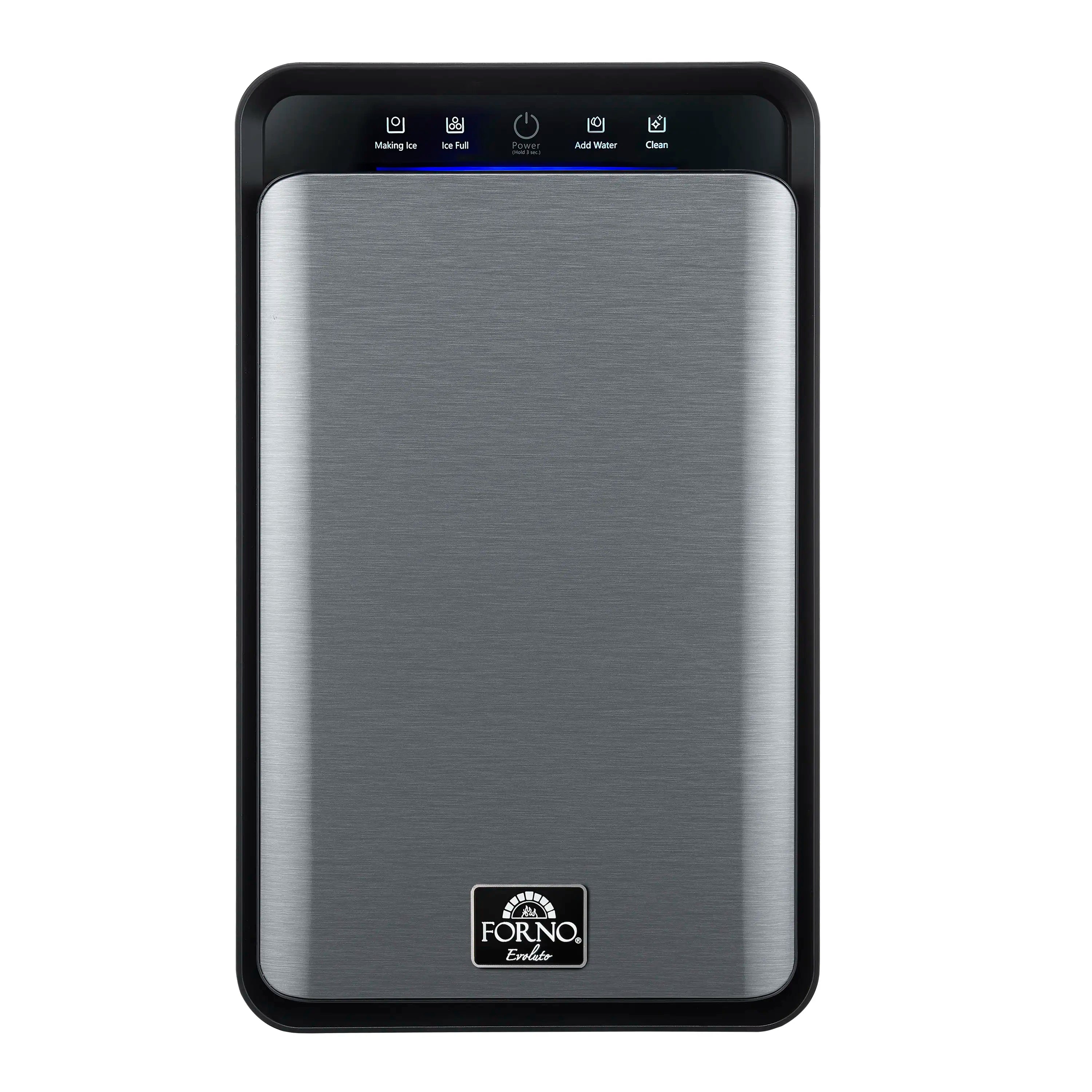 Black 11-inch countertop ice maker with brushed-metal front and top control buttons