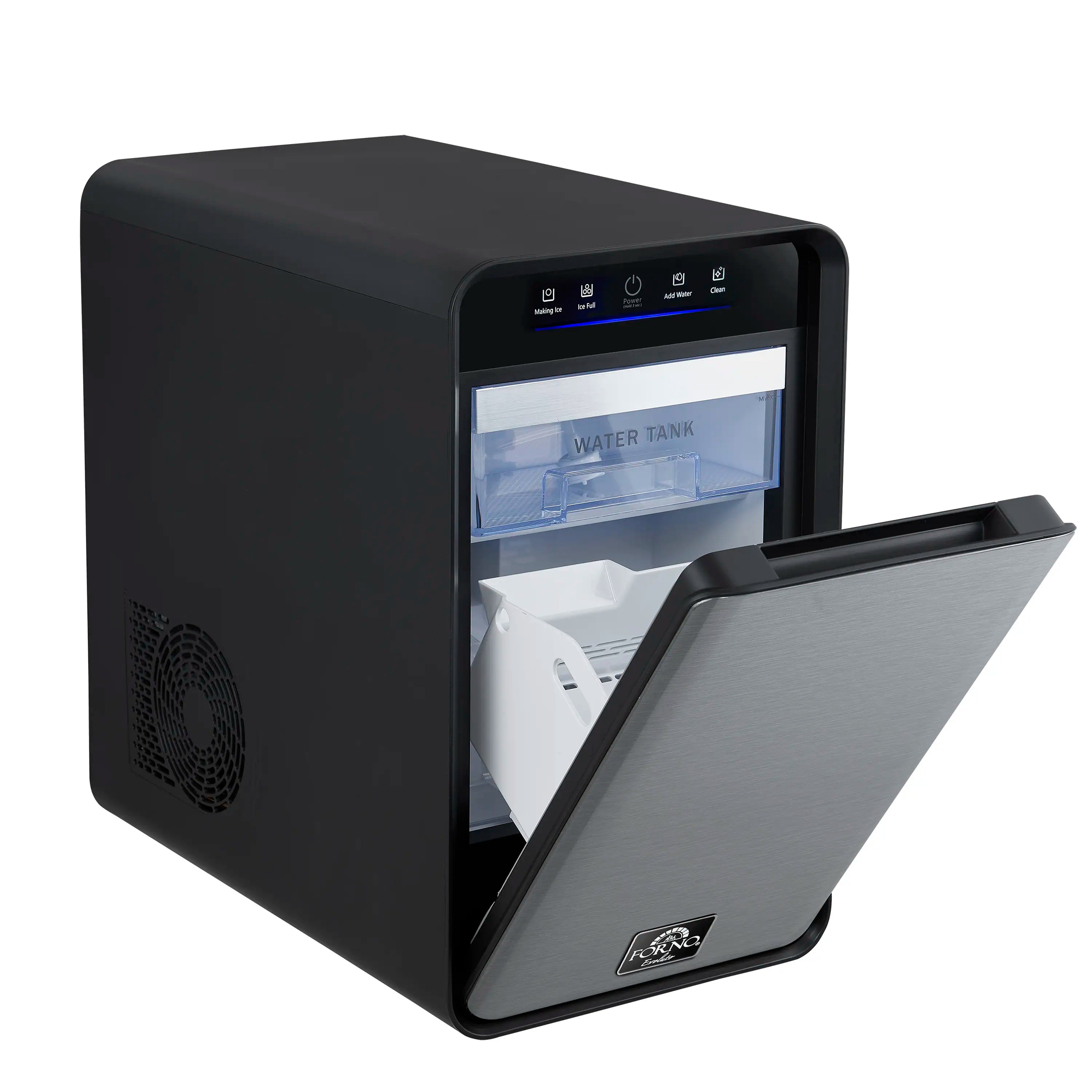 Black 11-inch countertop ice maker with open front door and clear water tank