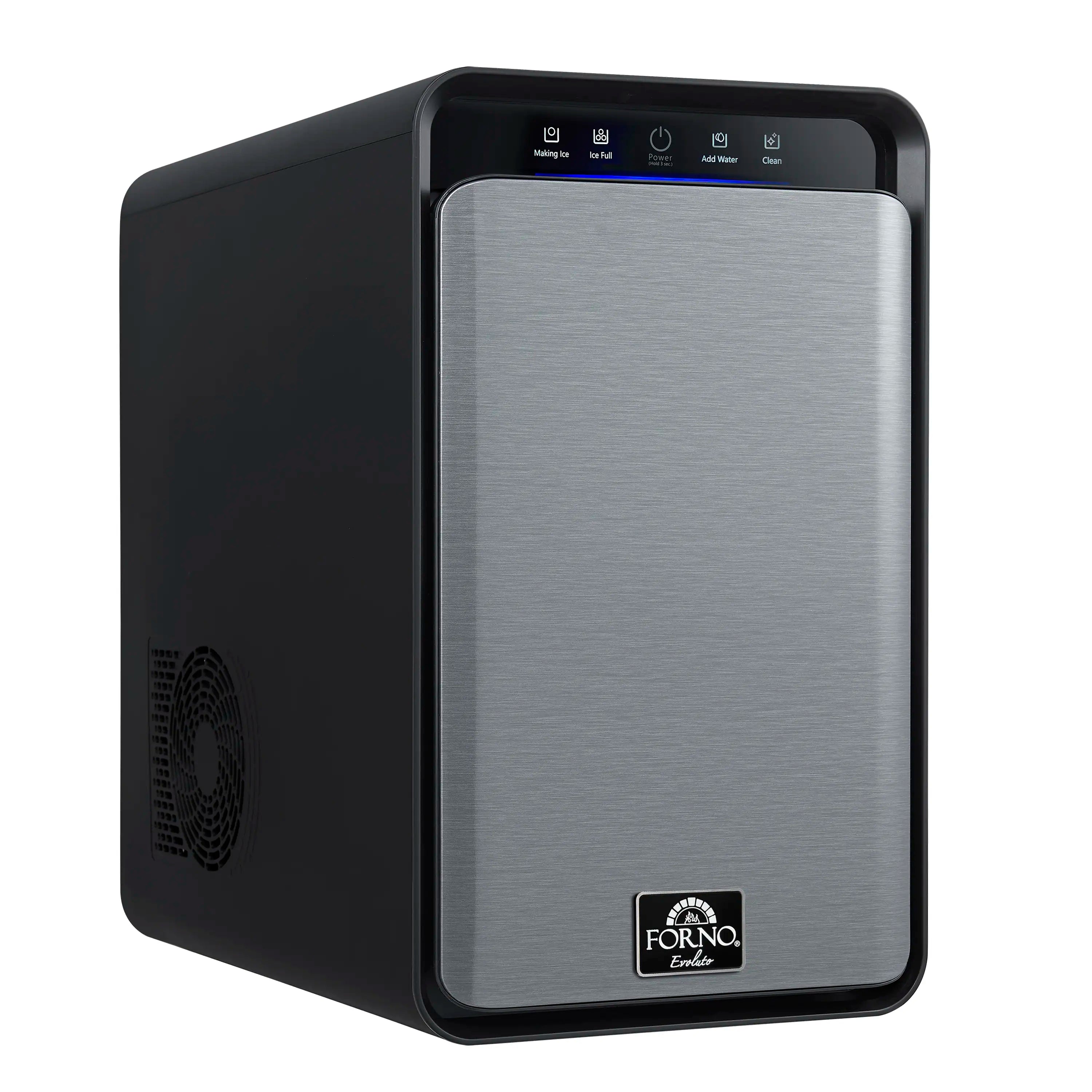 Black 11-inch countertop ice maker with brushed-metal front panel and side vent