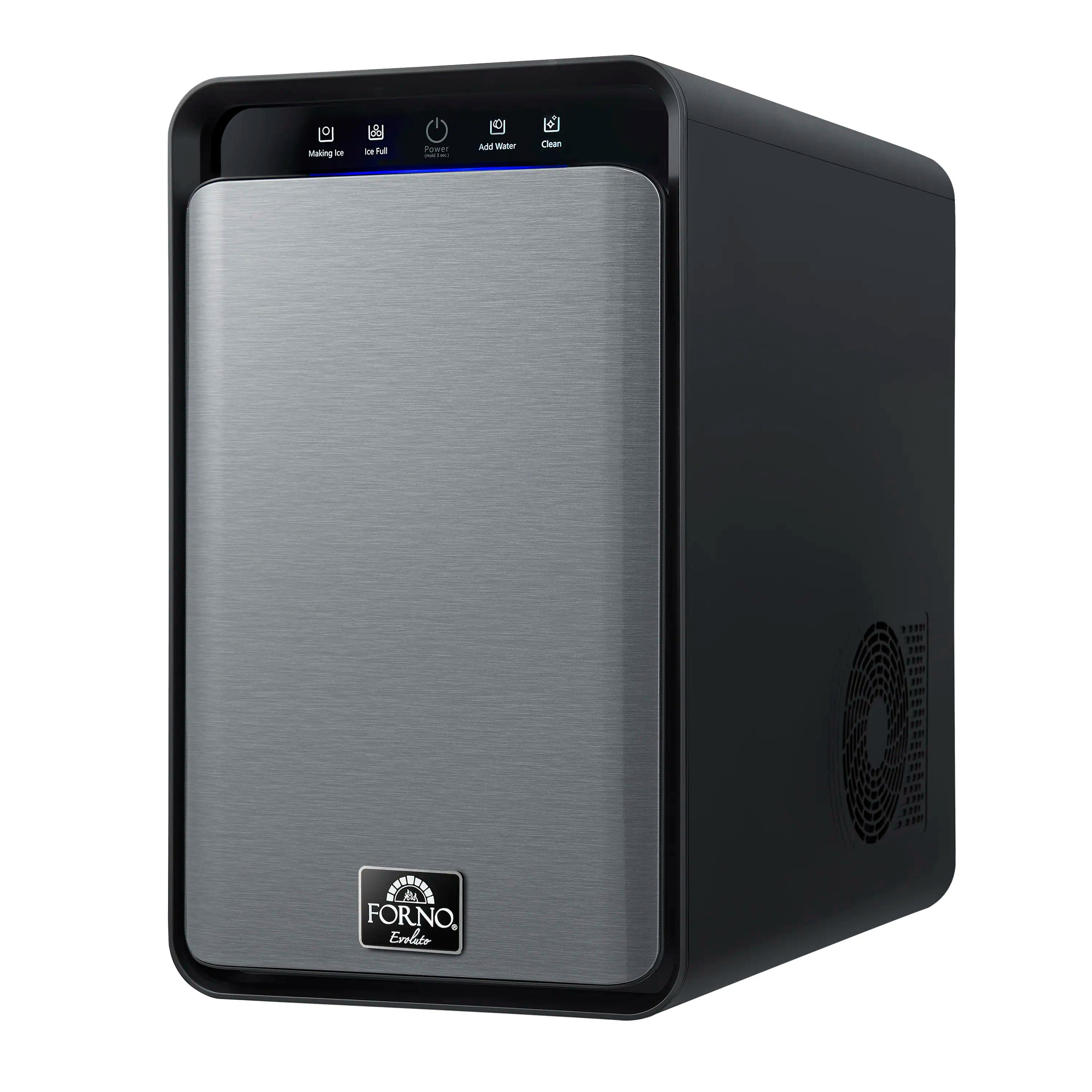 Black 11-inch countertop ice maker front with brushed-metal door panel and logo