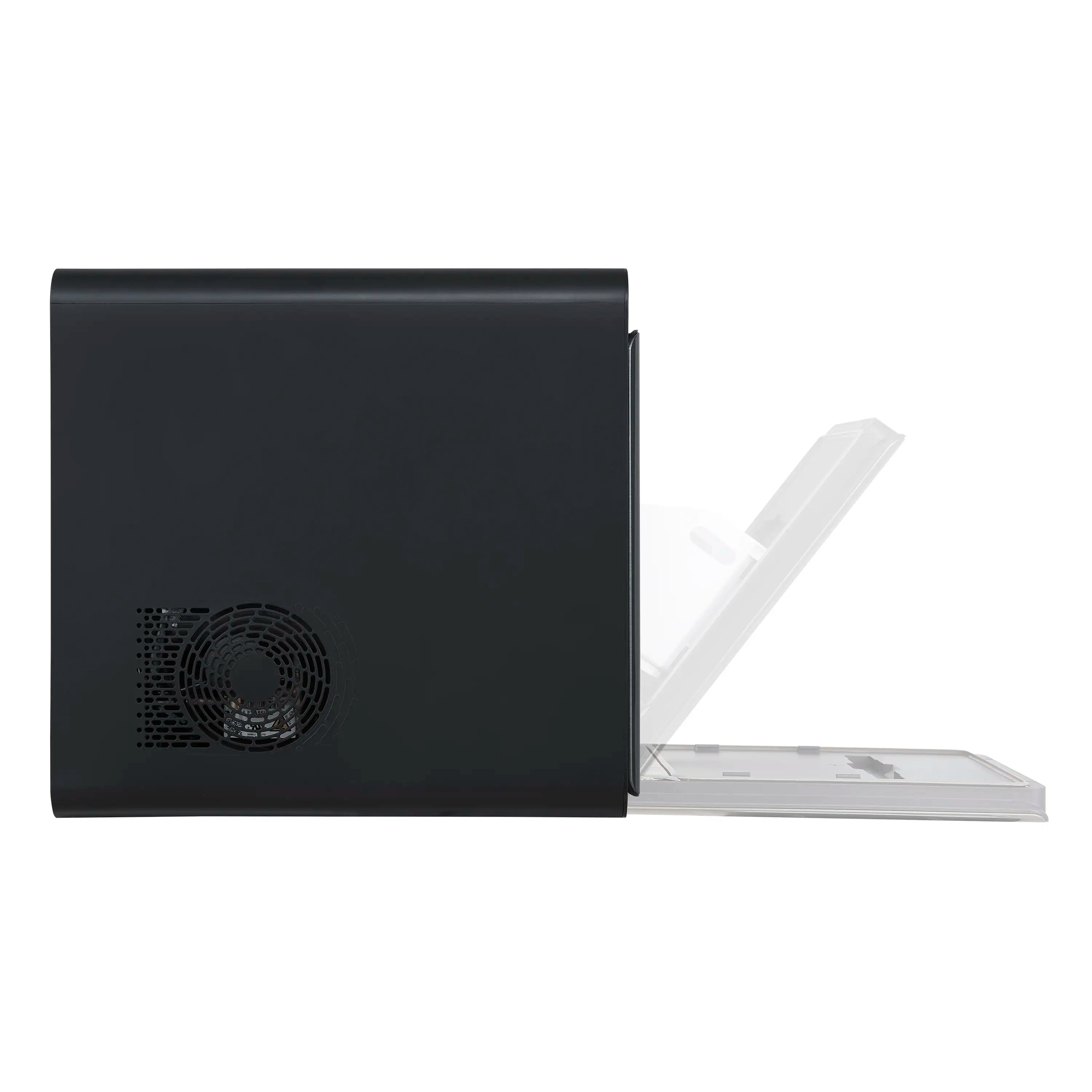 Black 11-inch ice maker with side vent and clear accessory tray partially visible