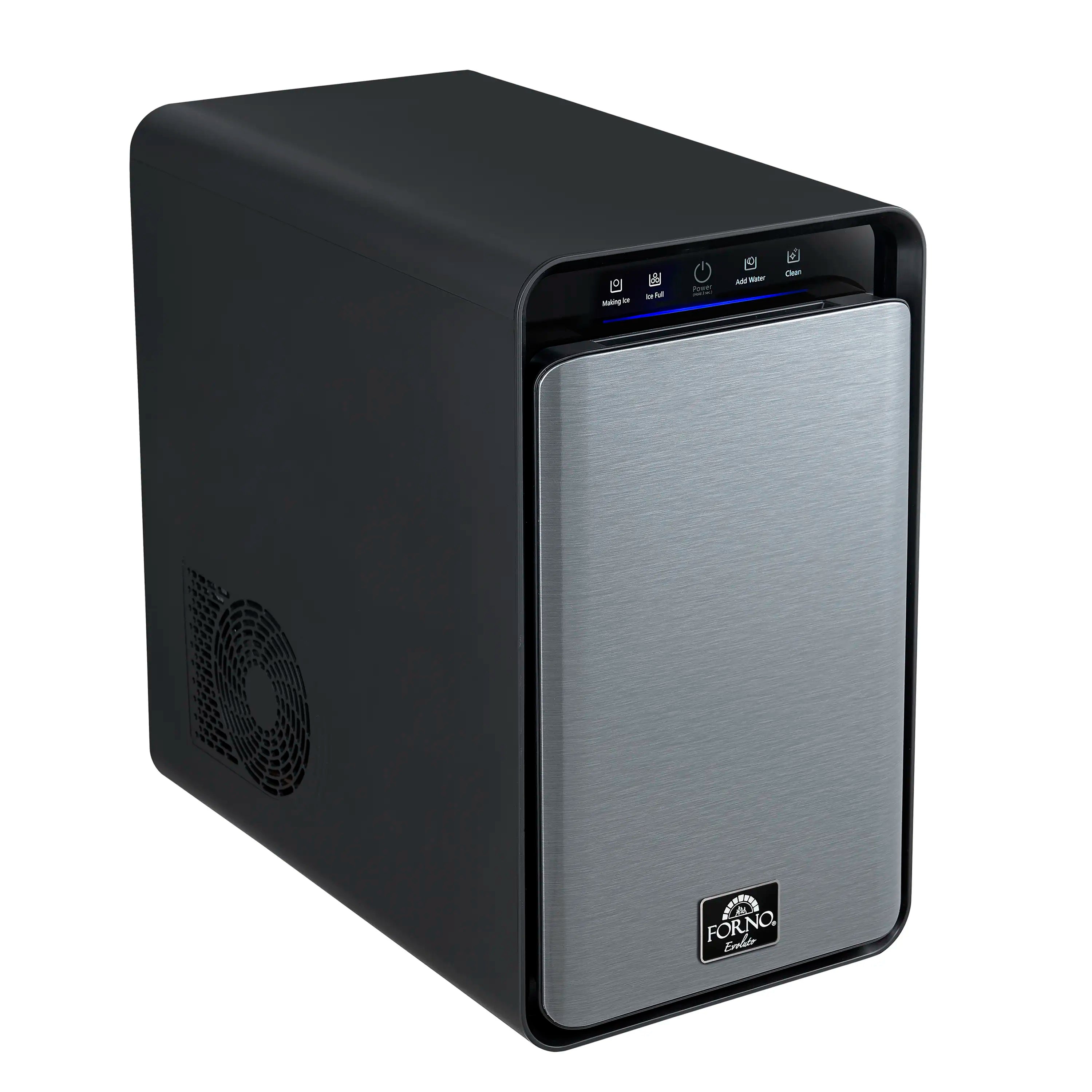 Black and brushed-metal 11-inch countertop ice maker with control panel on top