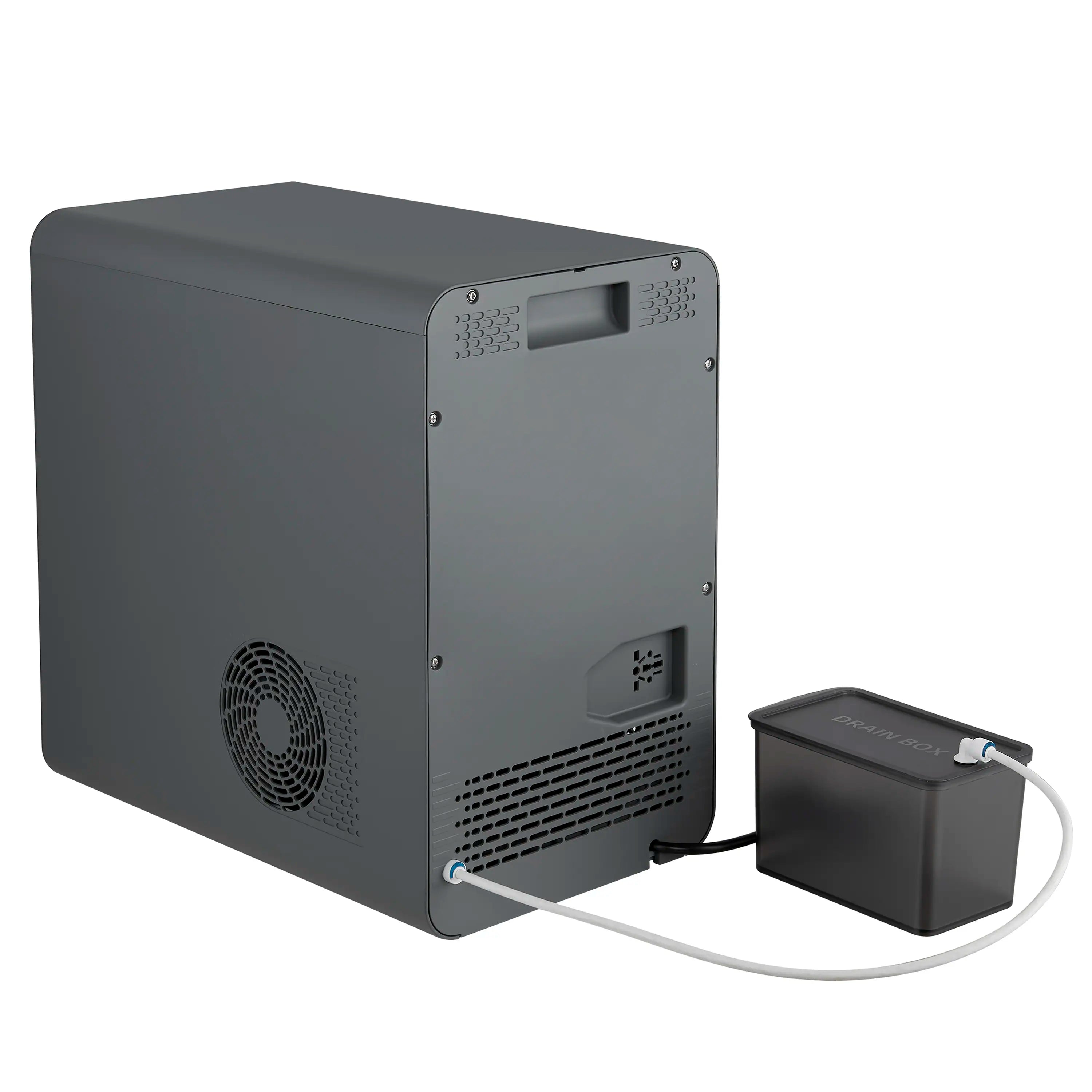 Ice maker shown from the back with rear vent and power cord connection