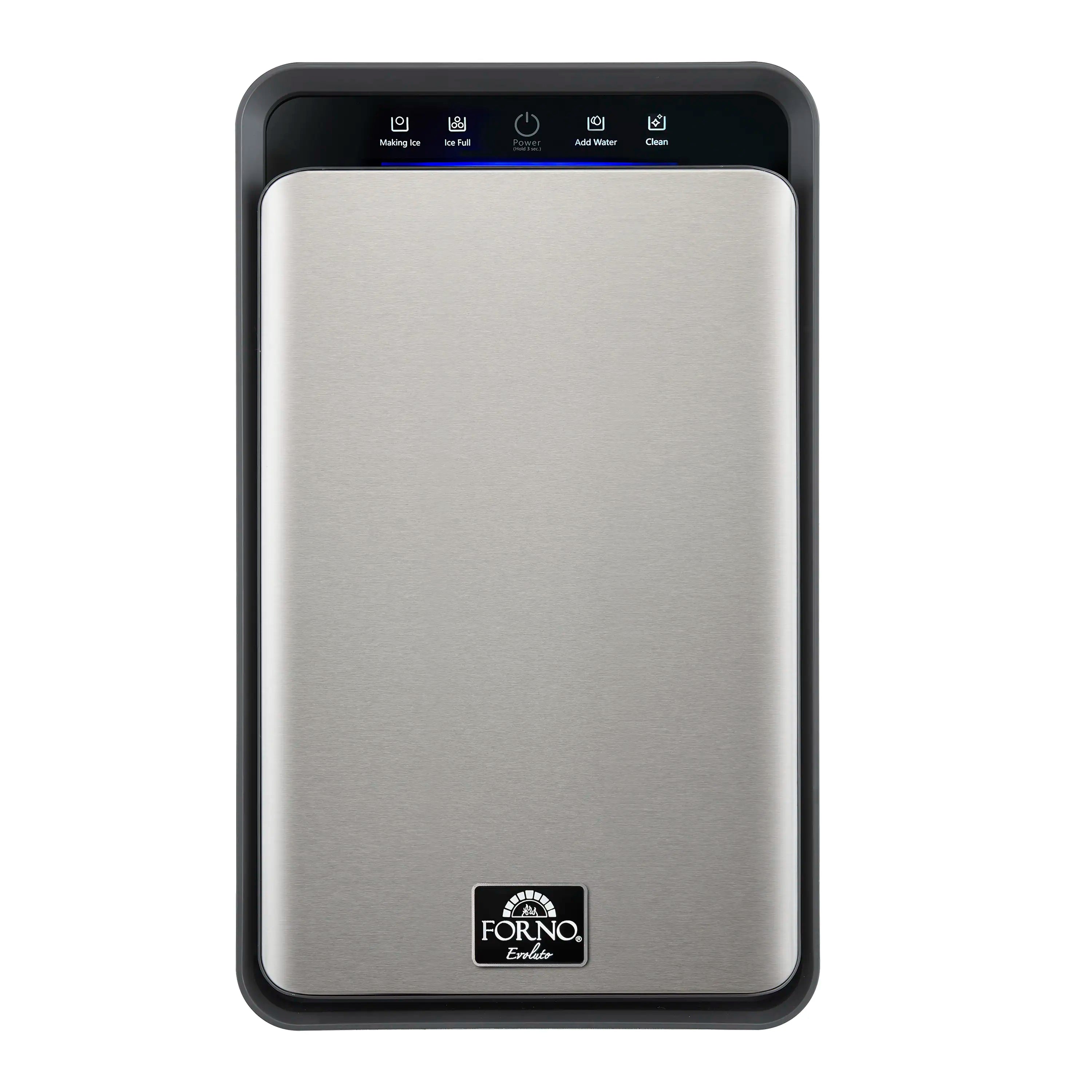 Ice maker front view with stainless door panel and dark gray frame
