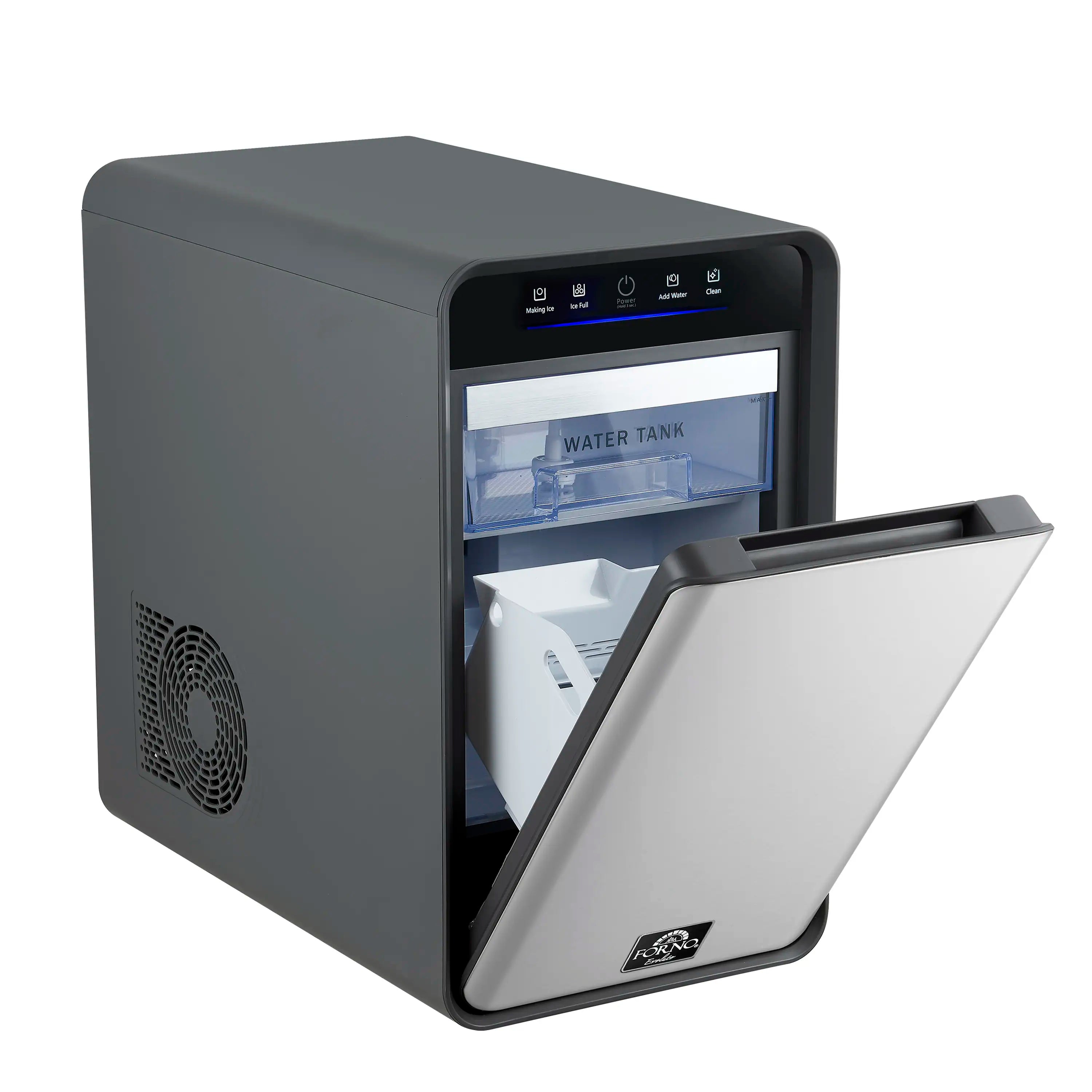 Ice maker with front door open, showing white ice mold tray and water tank