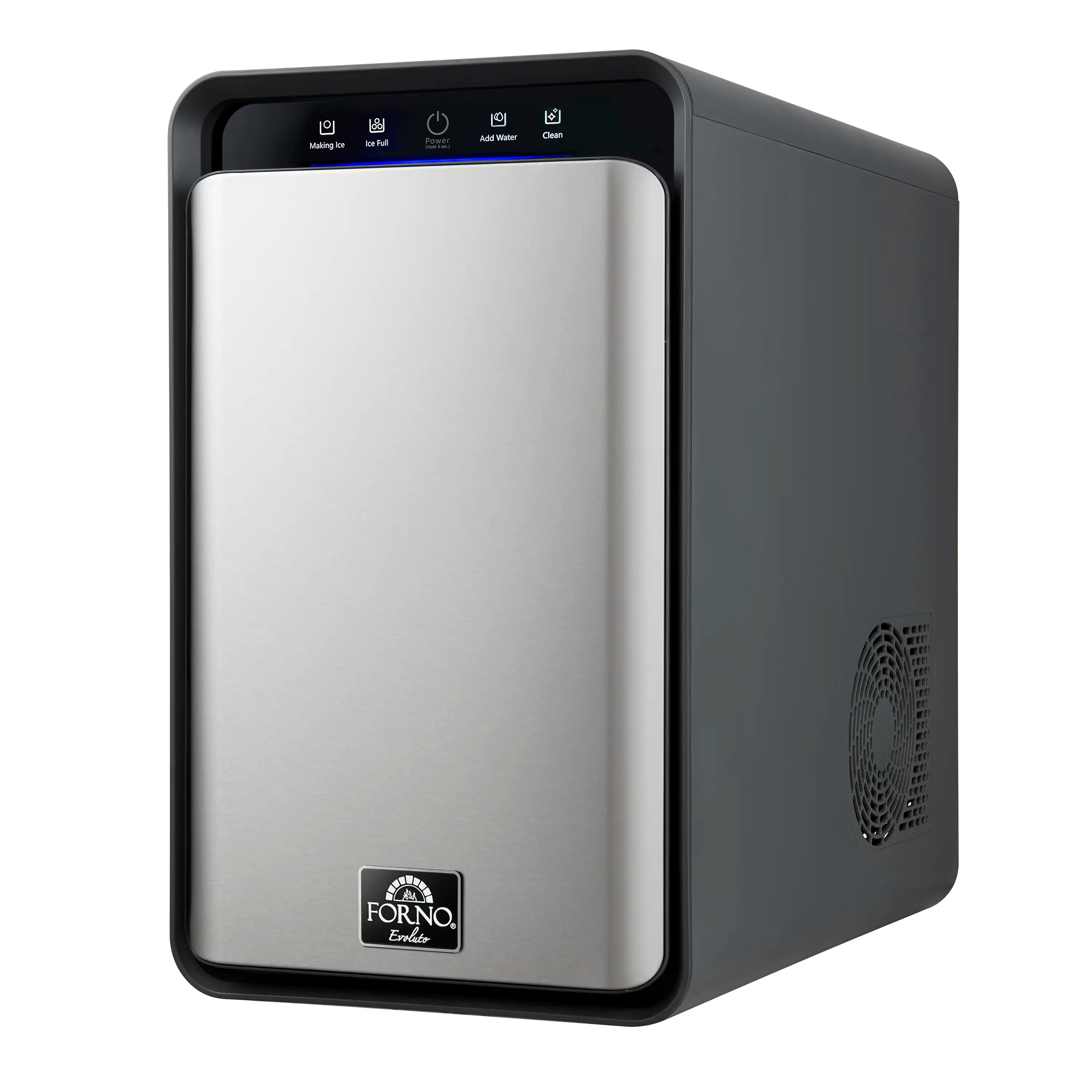 Compact countertop ice maker with dark gray sides and stainless front door