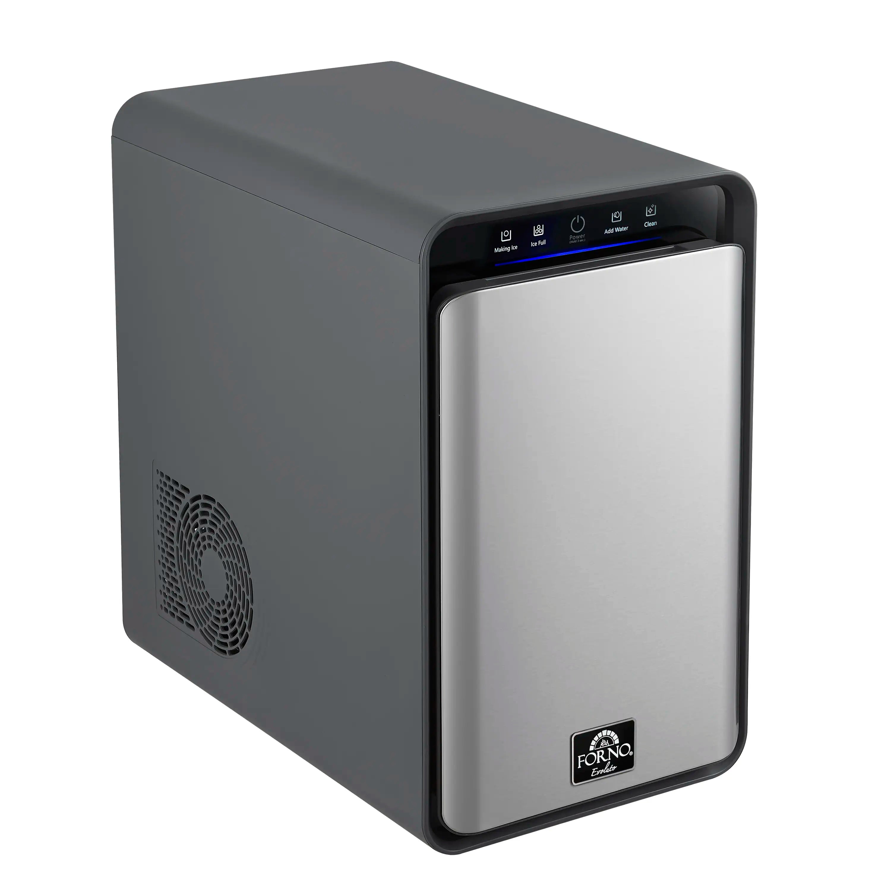 Countertop ice maker with dark gray housing and stainless front with control panel