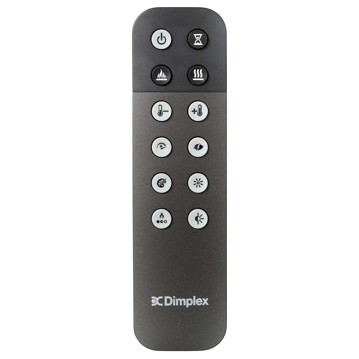 Dimplex dark gray electric fireplace remote control with button icons