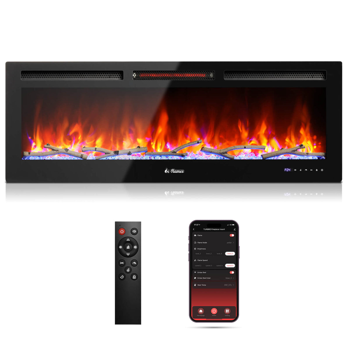 Black wall-mounted electric fireplace with tempered glass front and glowing flame effect