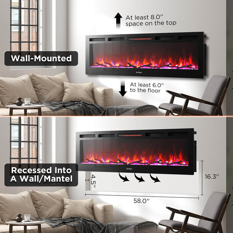 TURBRO In Flames INF60W-3D WiFi Smart Wall Mounted Electric Fireplace, 1500W Infrared Quartz Heating - Tempered Glass (707-98-185A)