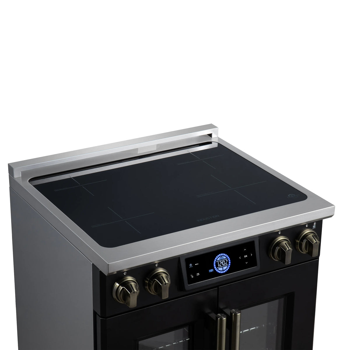 Black induction range with dark cooktop and oven handles on French doors