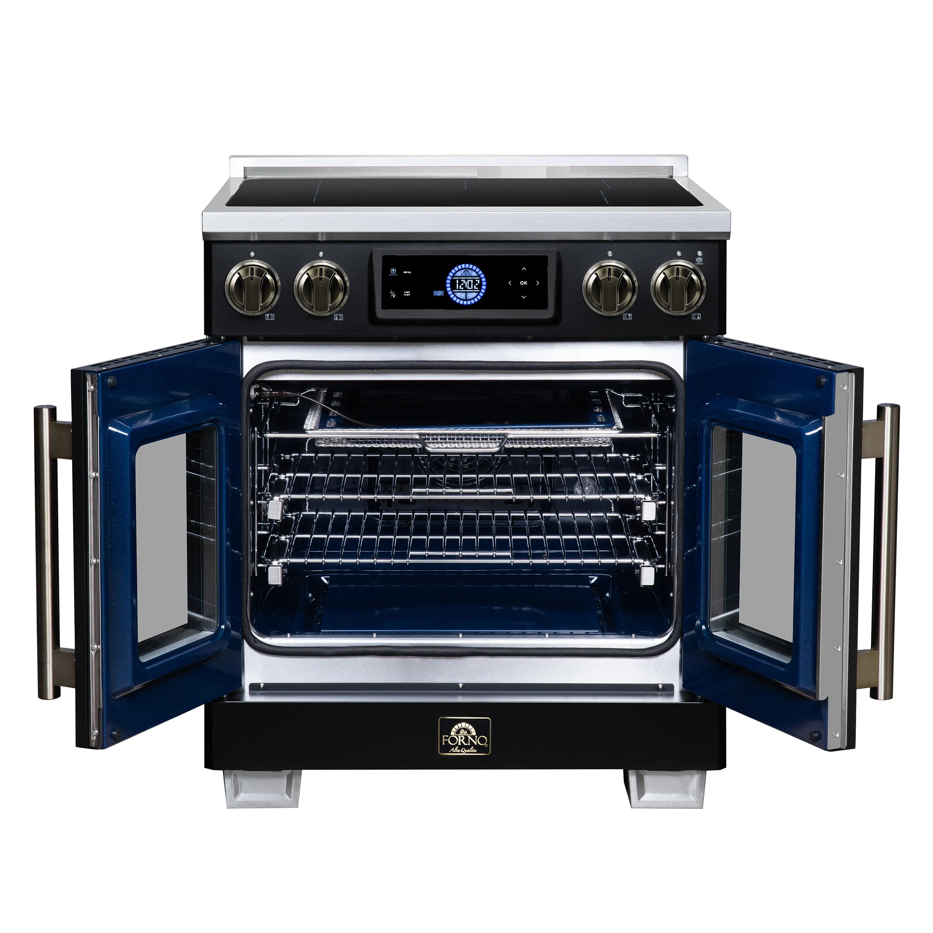 Black induction range with French-door oven open, metal racks and heating elements