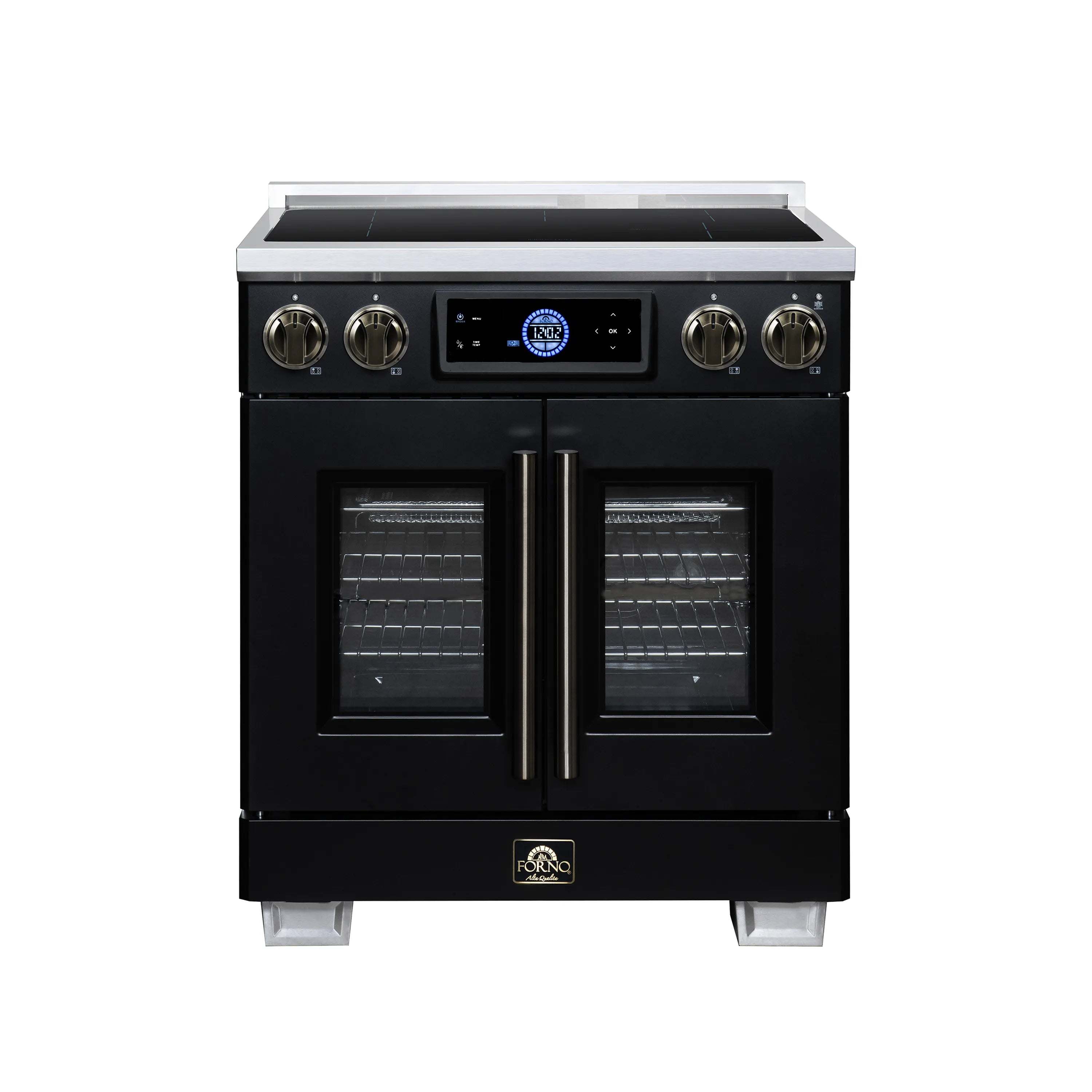 Black induction range with closed French-door oven and dual glass doors