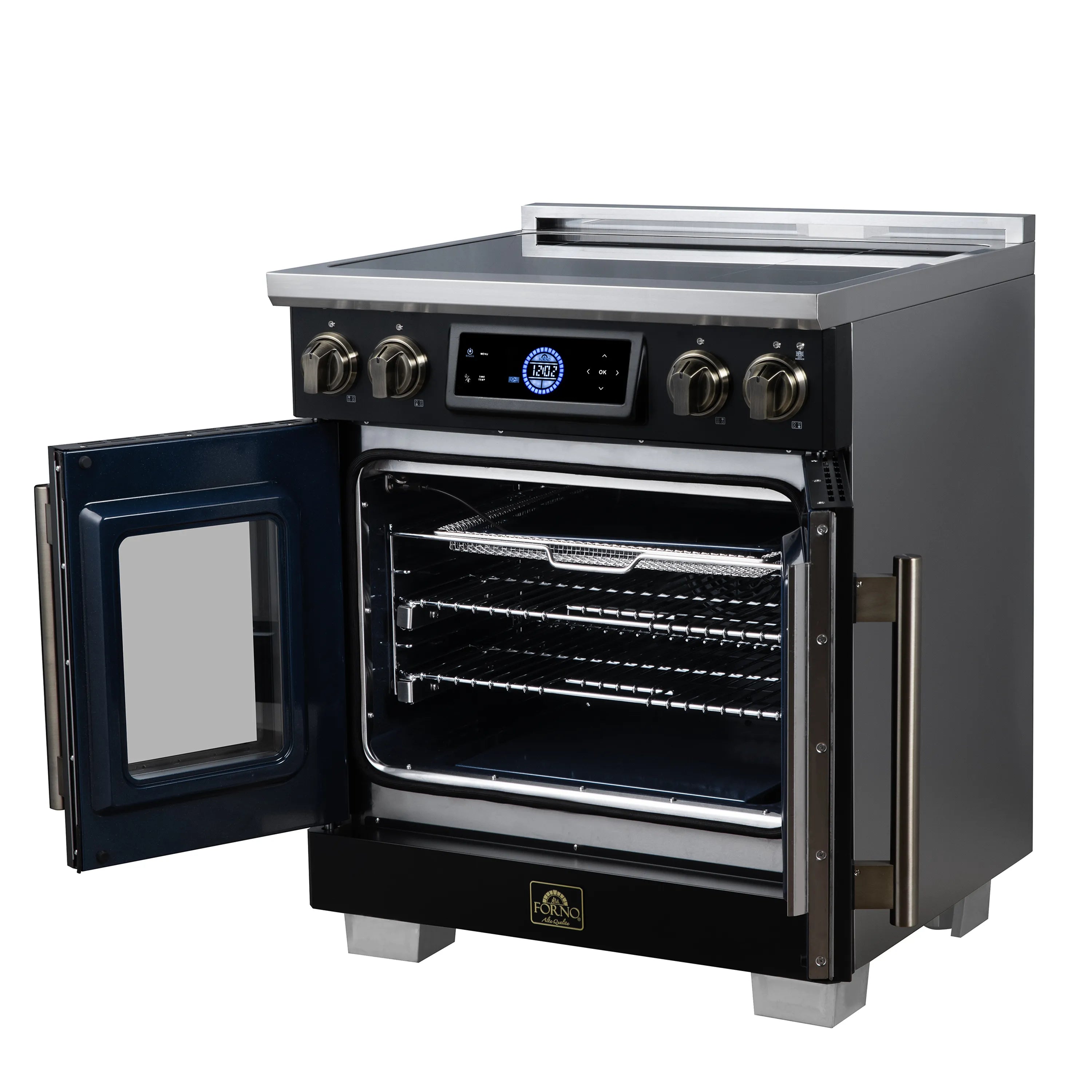 Black induction range with open French-door convection oven and stainless racks