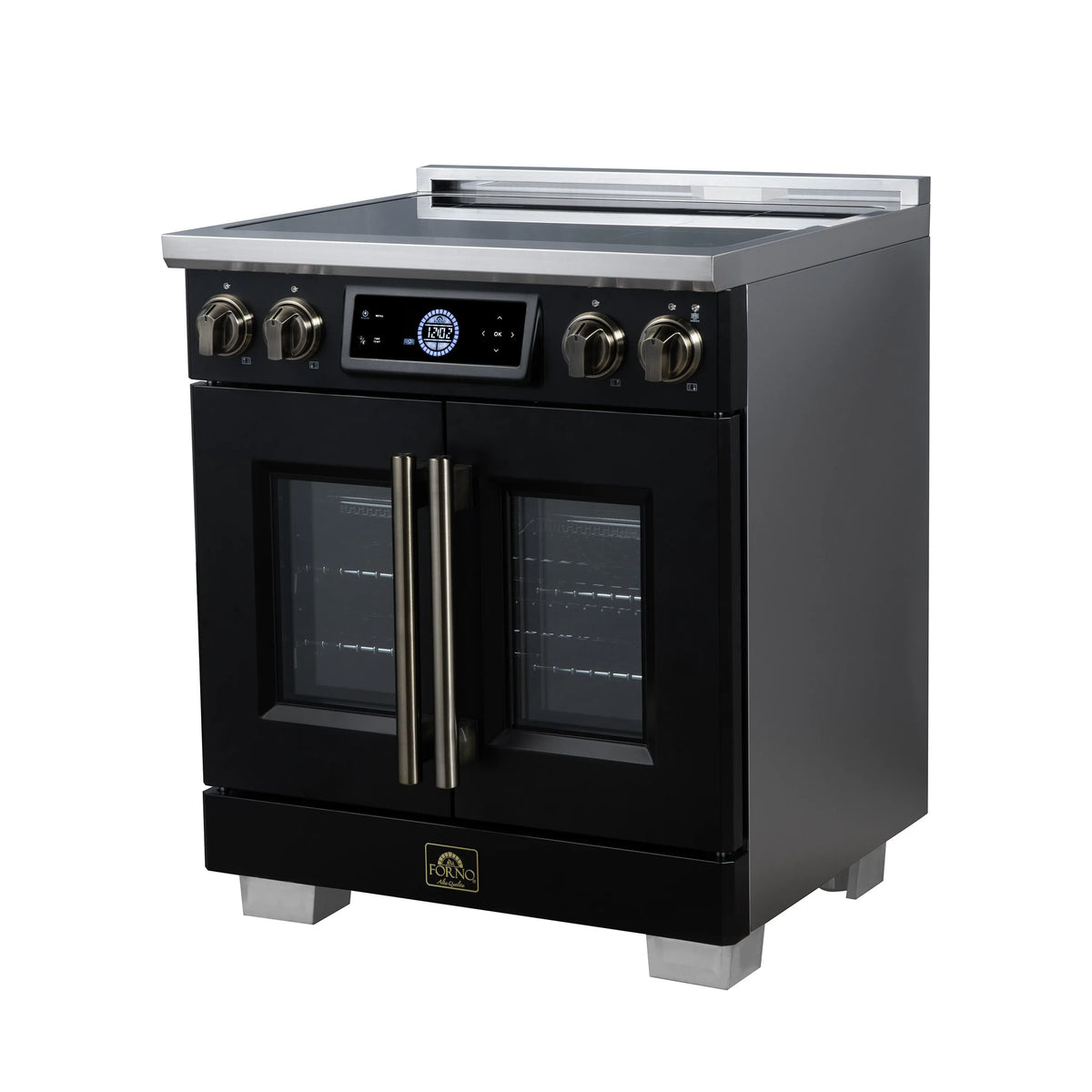 Black induction range with French-door oven, stainless side handles, control panel