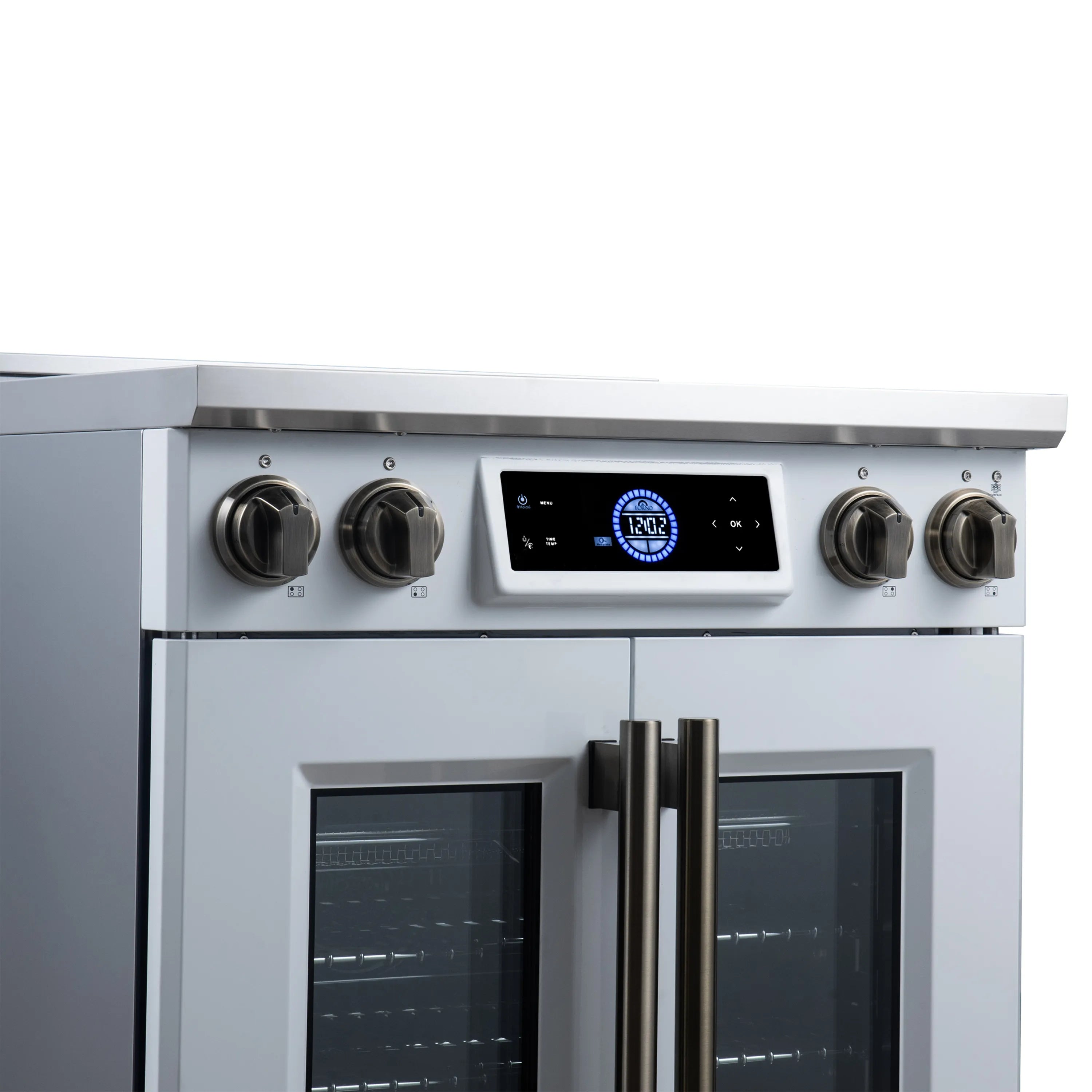 Induction range front panel with brass knobs and digital display