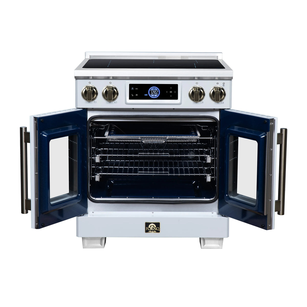 Induction range with oven doors open, dark cavity and wire racks