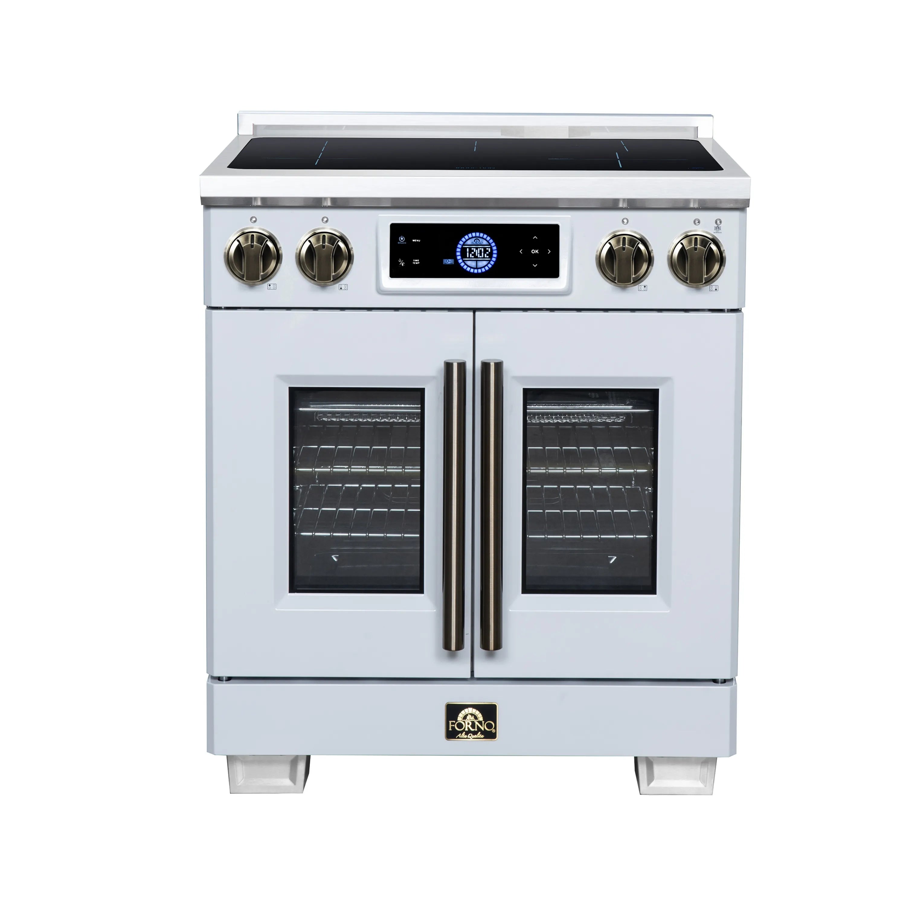 White induction range with French-door oven and brass-trimmed handles